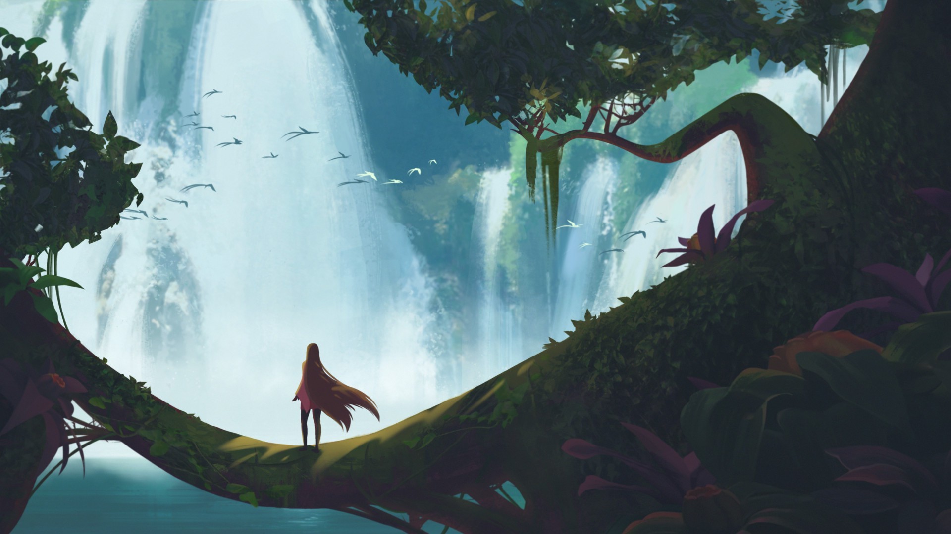 Fantasy art of a girl by a waterfall with birds HD Wallpaper