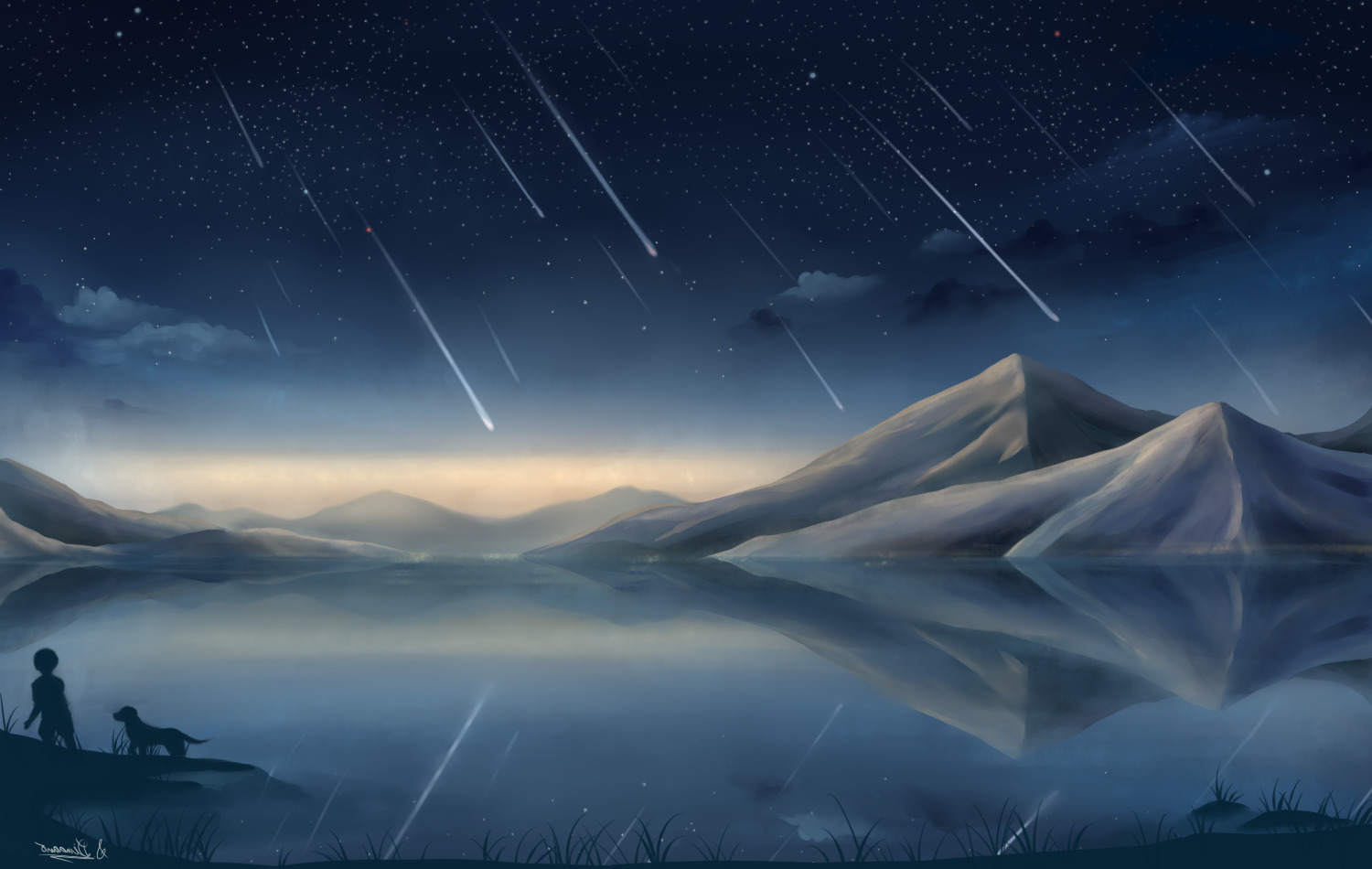 Fantasy art of meteors over mountains and lake with child and dog HD Wallpaper