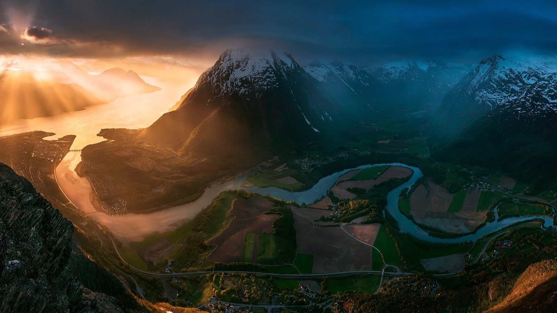 Sunset over Norwegian fjord with mountains and river HD Wallpaper