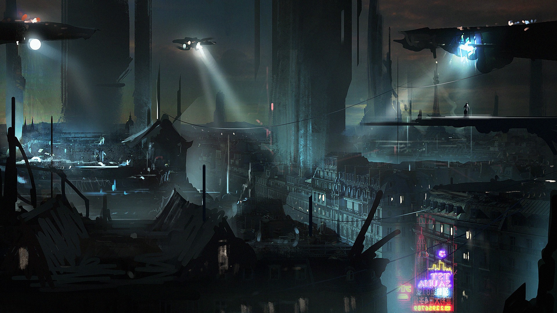 Futuristic cyberpunk city at night with flying vehicles HD Wallpaper
