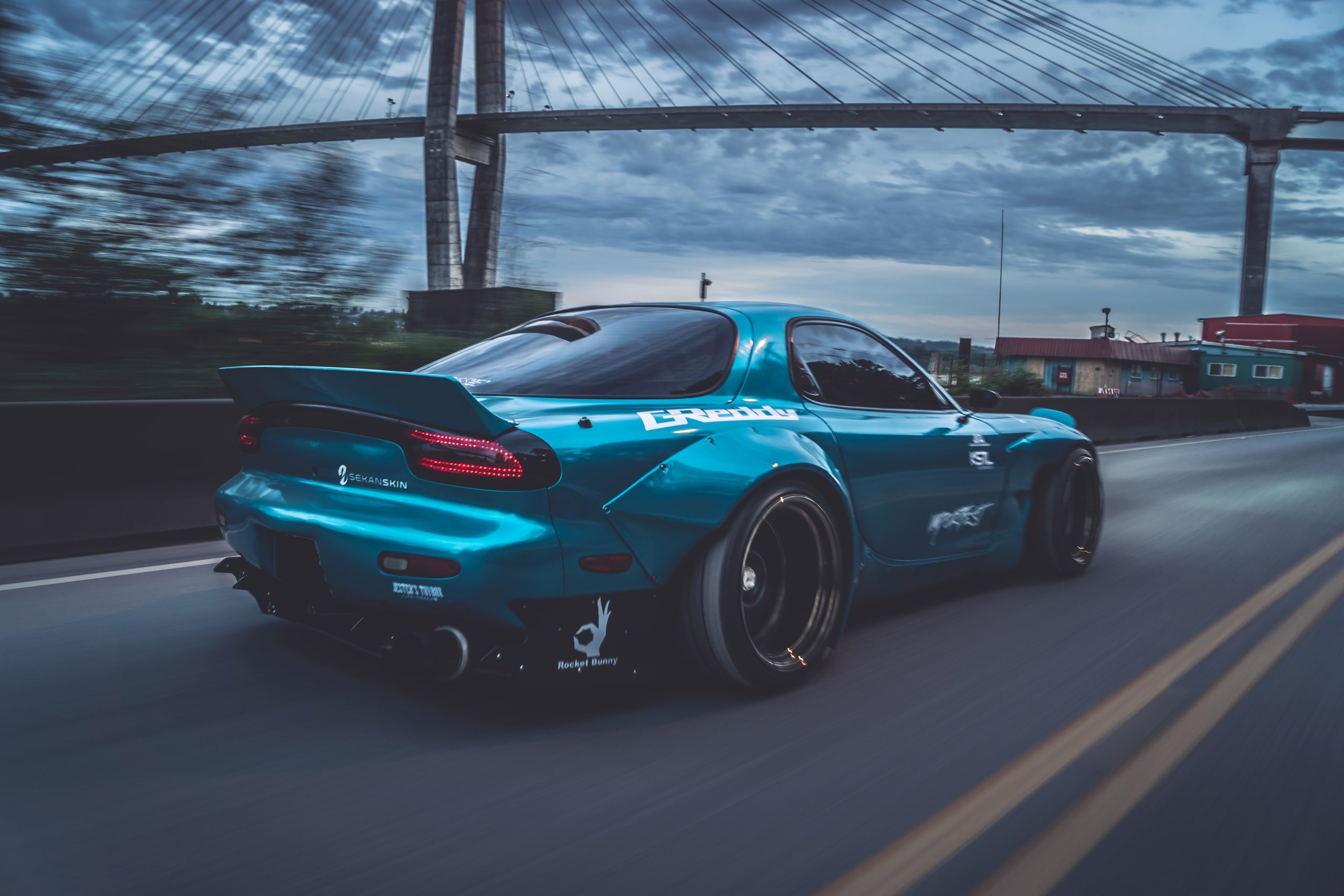 Blue Mazda RX-7 Rocket Bunny with Bridge HD Wallpaper