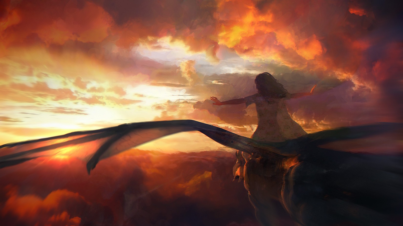 Fantasy art of a girl riding a dragon at sunset HD Wallpaper