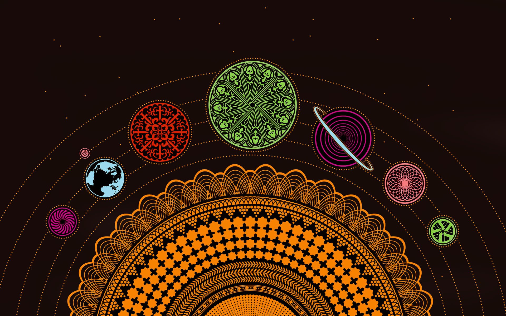 Abstract solar system with decorative planets and sun HD Wallpaper
