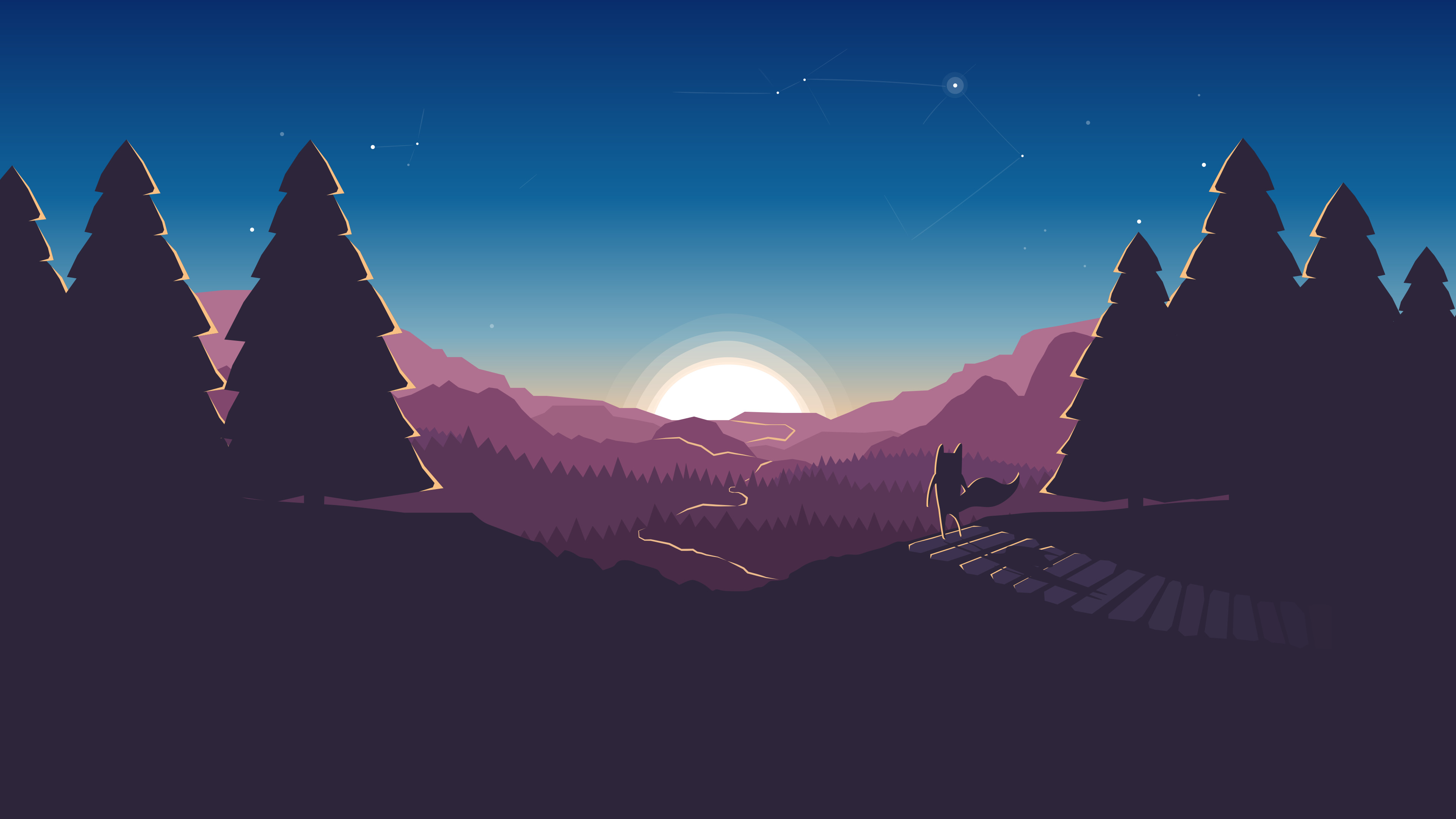 Minimalist sunset over mountains with fox HD Wallpaper