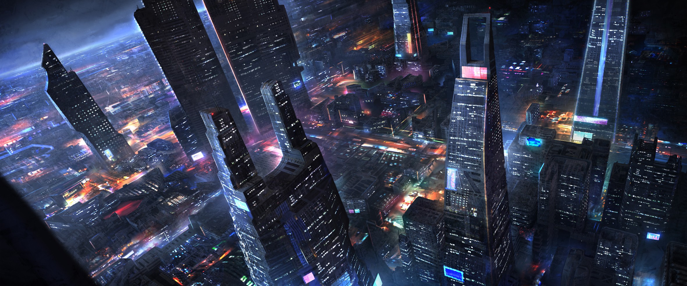 Futuristic city skyline at night with glowing lights HD Wallpaper
