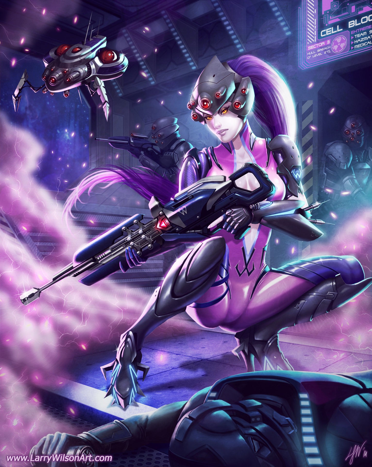 Widowmaker from Overwatch in a futuristic setting HD Wallpaper