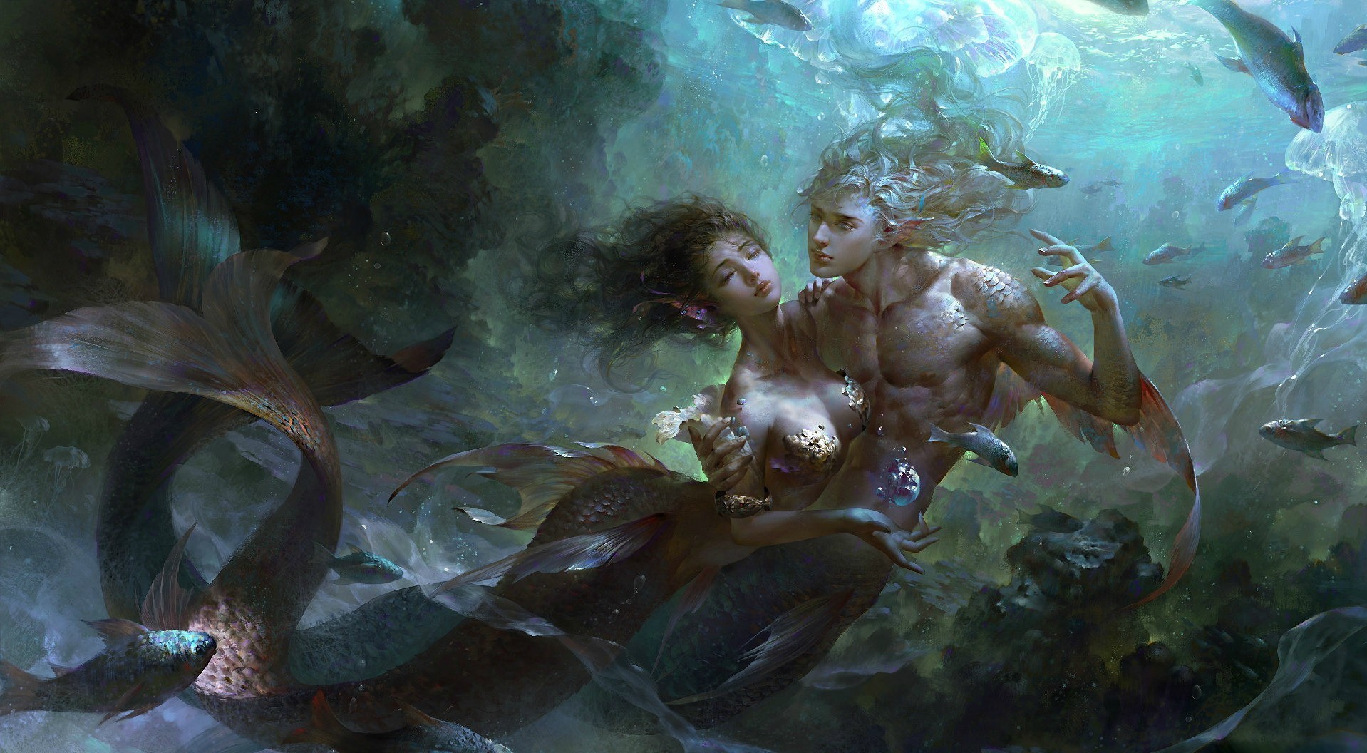 Fantasy art of mermaids underwater HD Wallpaper
