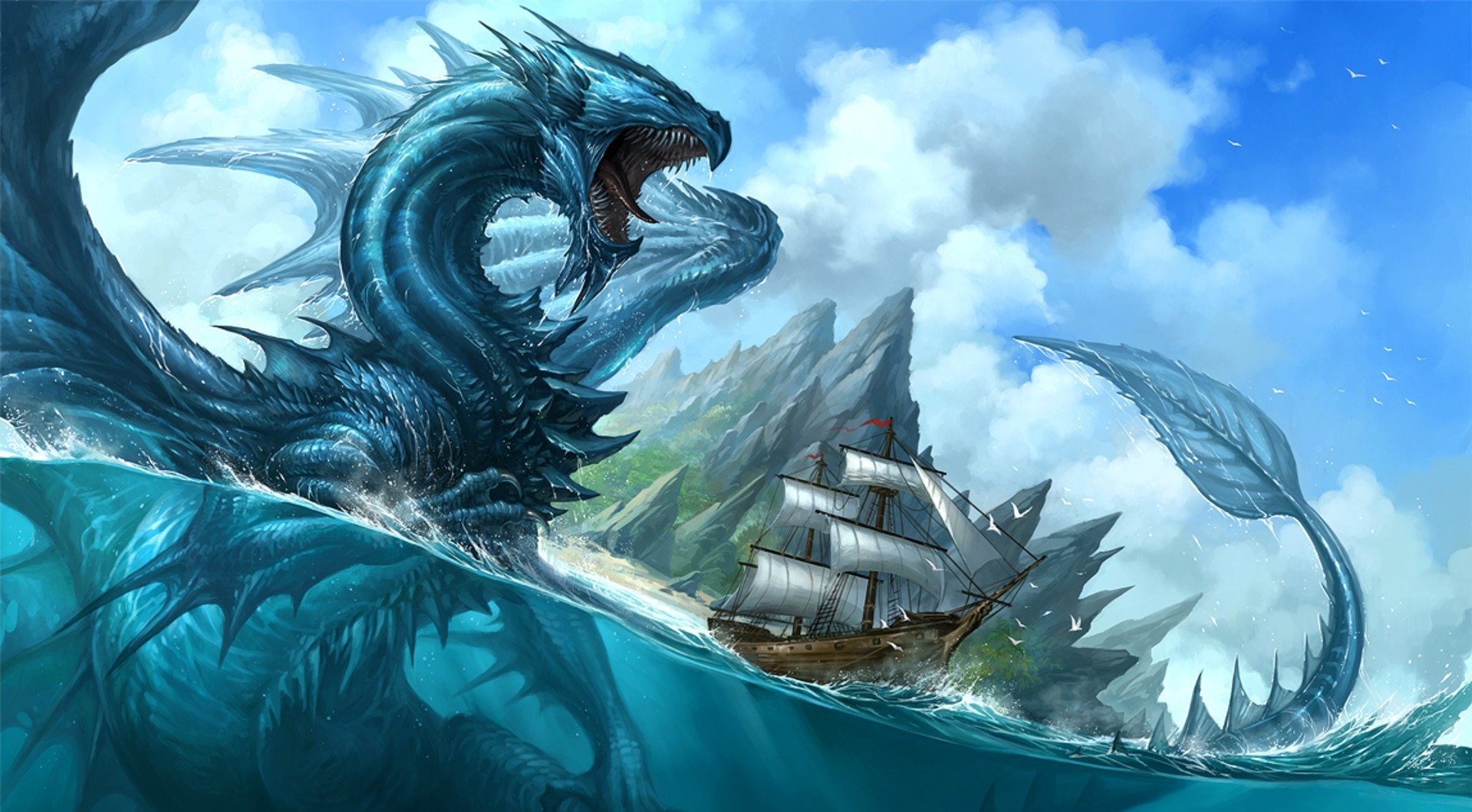 Dragon attacking a sailing ship near islands HD Wallpaper