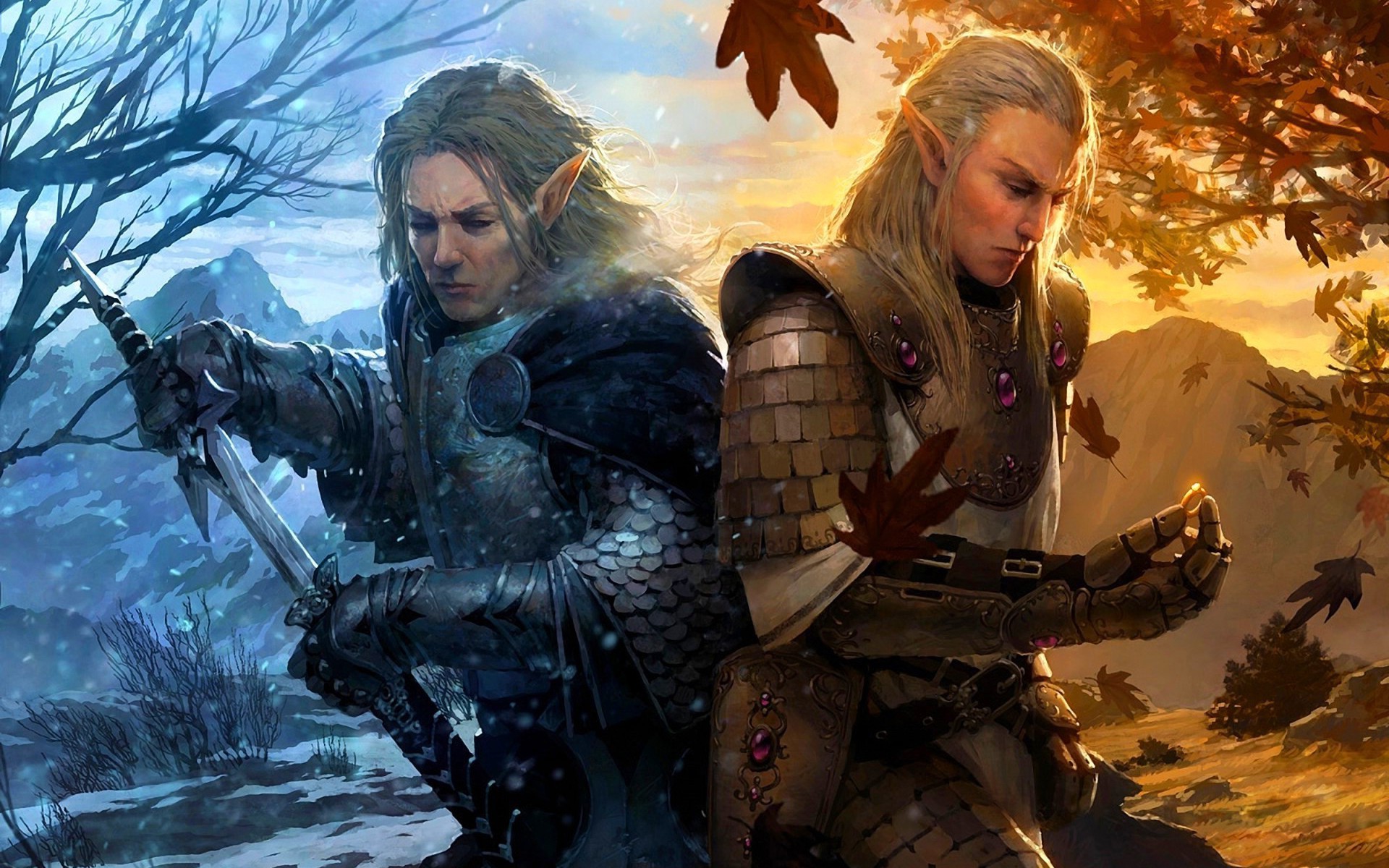 Two elves in armor with swords in winter and autumn landscapes HD Wallpaper