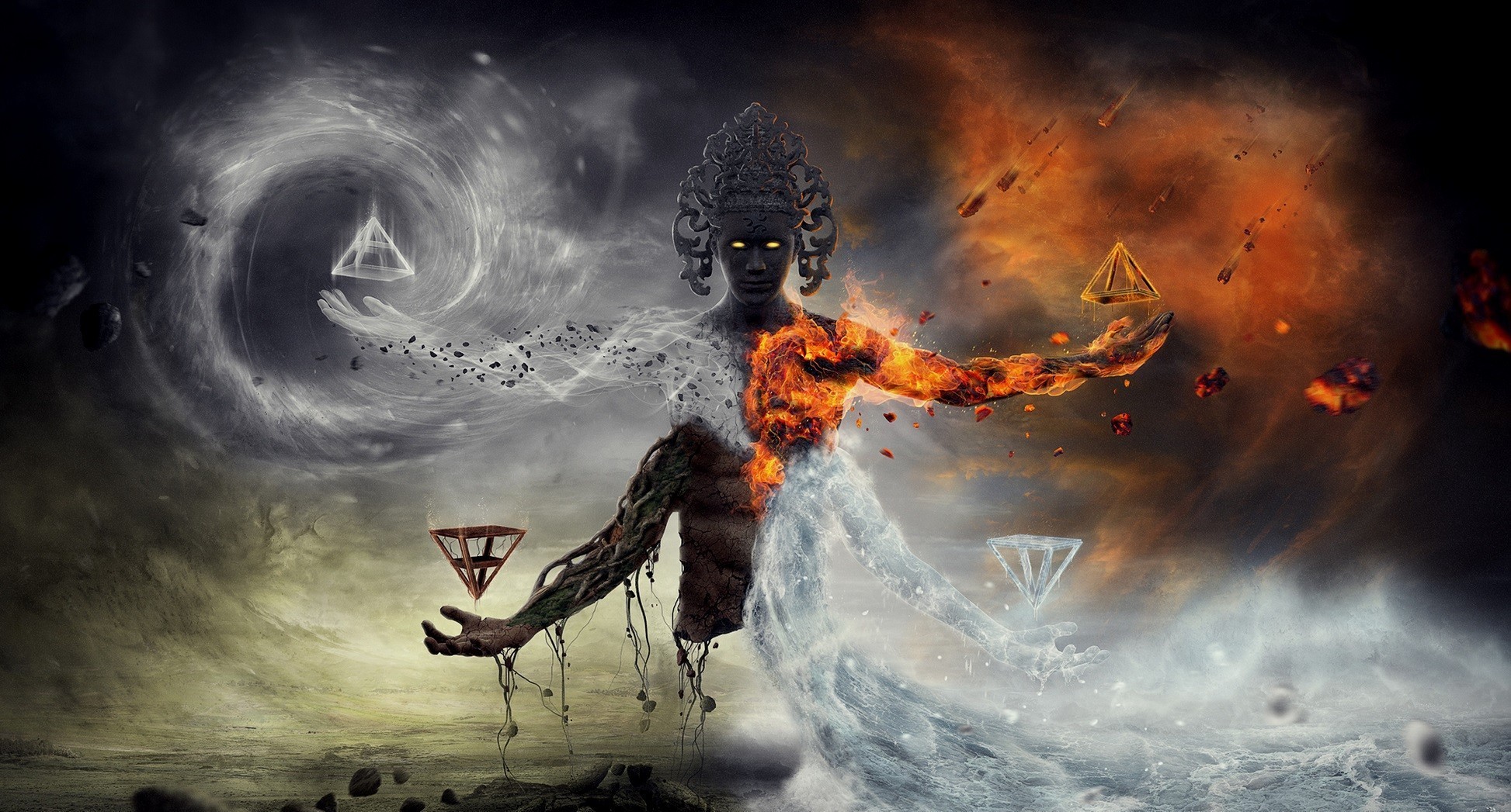 Fantasy art of a being embodying the four elements HD Wallpaper