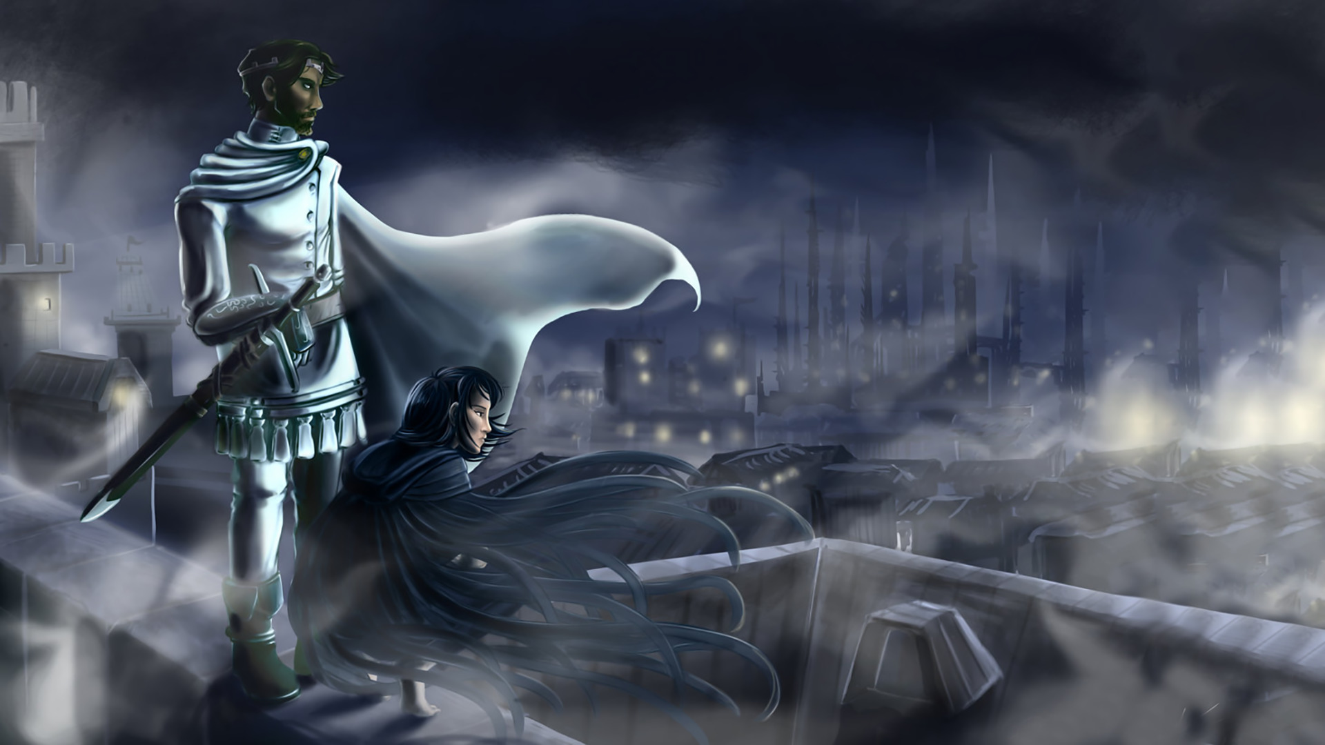Mistborn fantasy art of two figures overlooking a city HD Wallpaper