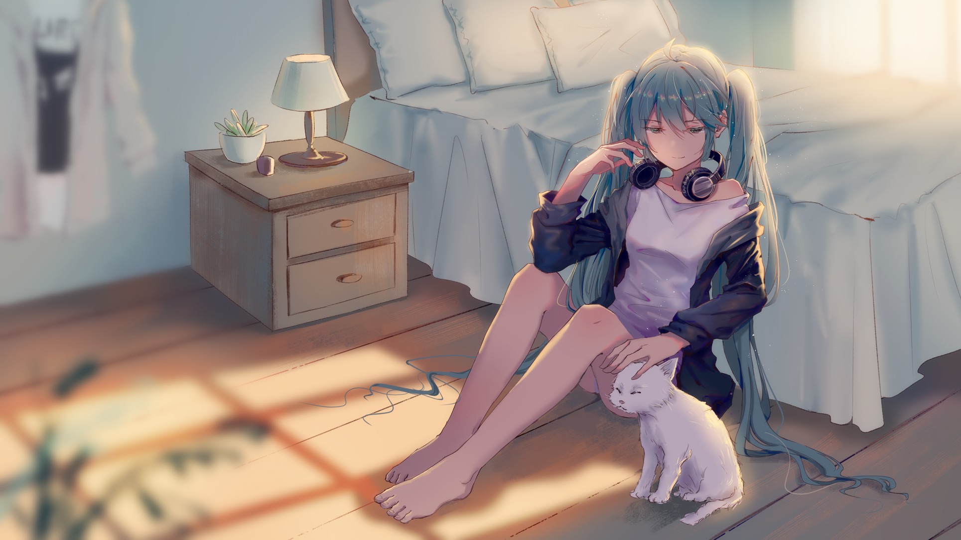 Hatsune Miku with headphones and cat in bedroom HD Wallpaper