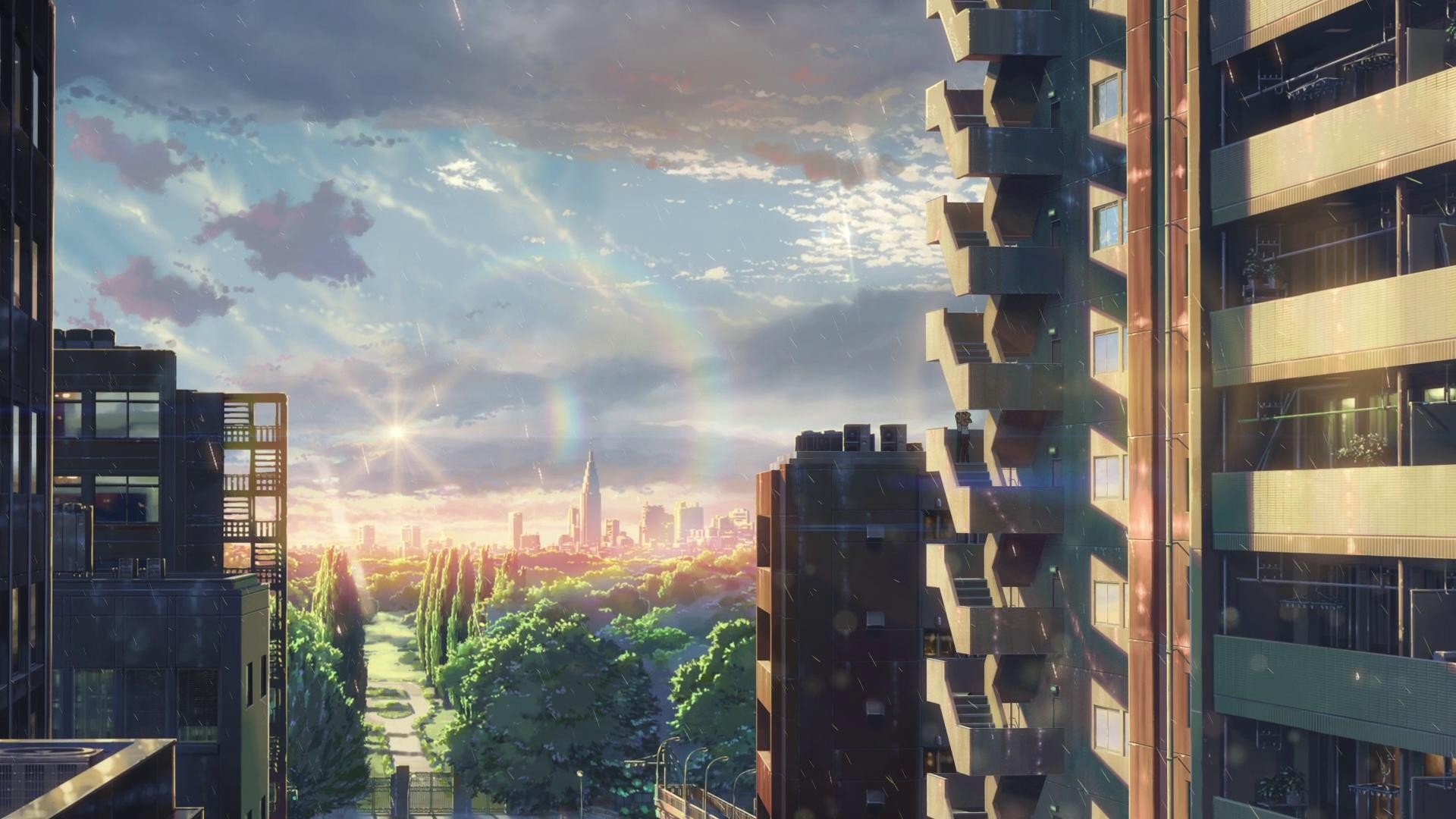 Cityscape with Rainbow and Sunrise HD Wallpaper