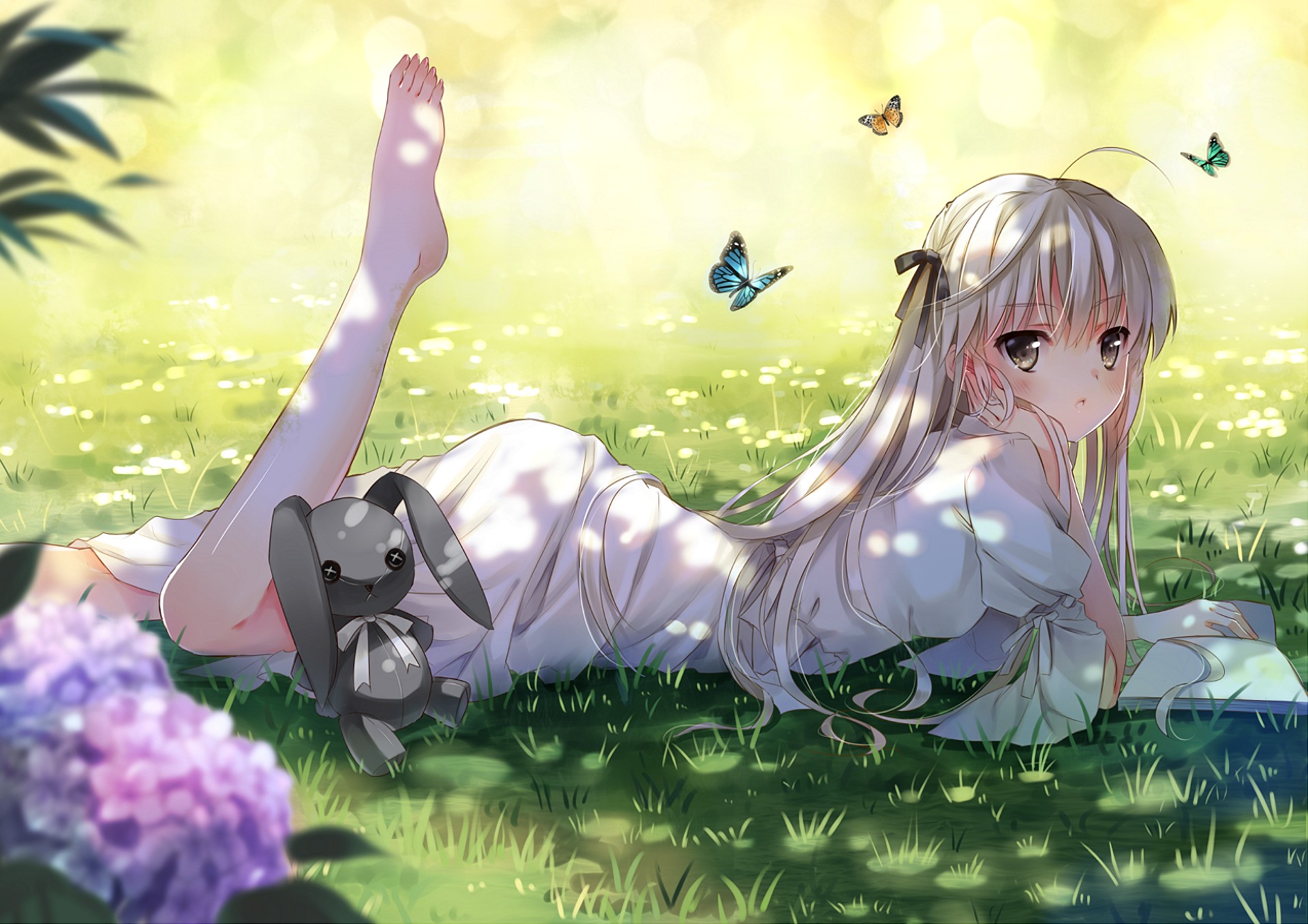 Anime girl with stuffed bunny in a sunny field HD Wallpaper