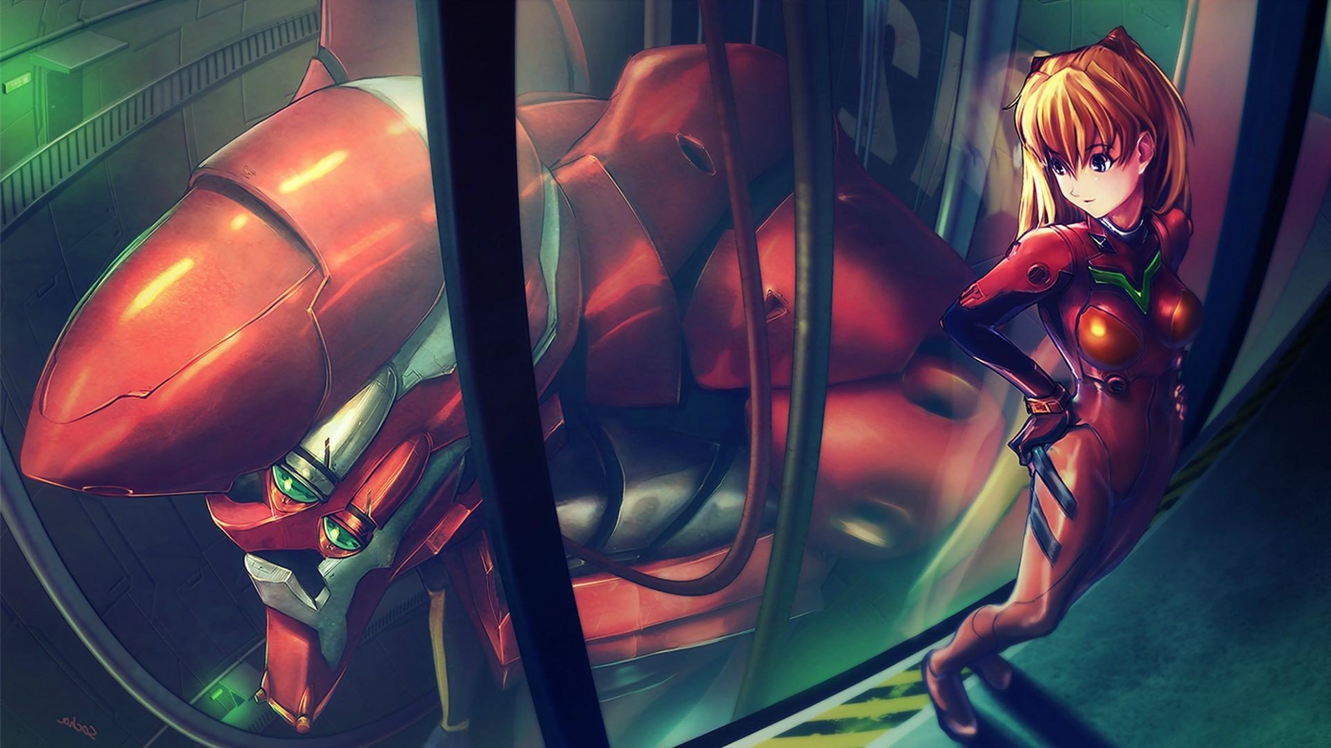 Asuka Langley Soryu from Neon Genesis Evangelion with Eva Unit 02 HD Wallpaper