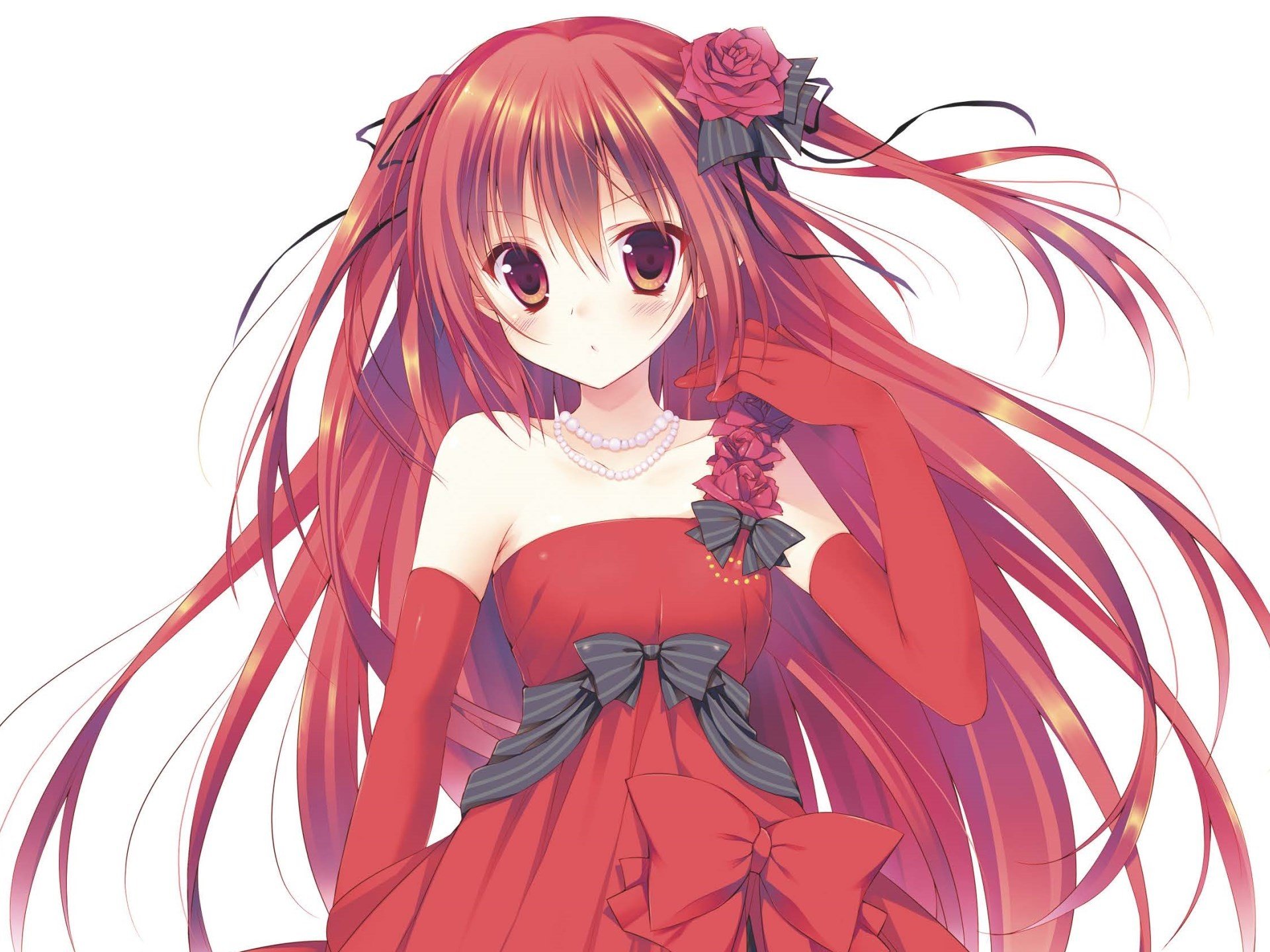 Anime girl with red hair and red eyes in a red dress HD Wallpaper