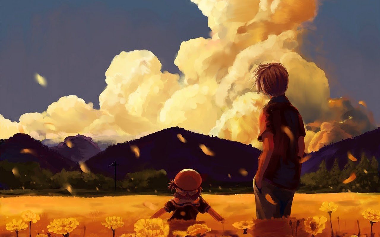 Two people in a field of yellow flowers at sunset HD Wallpaper
