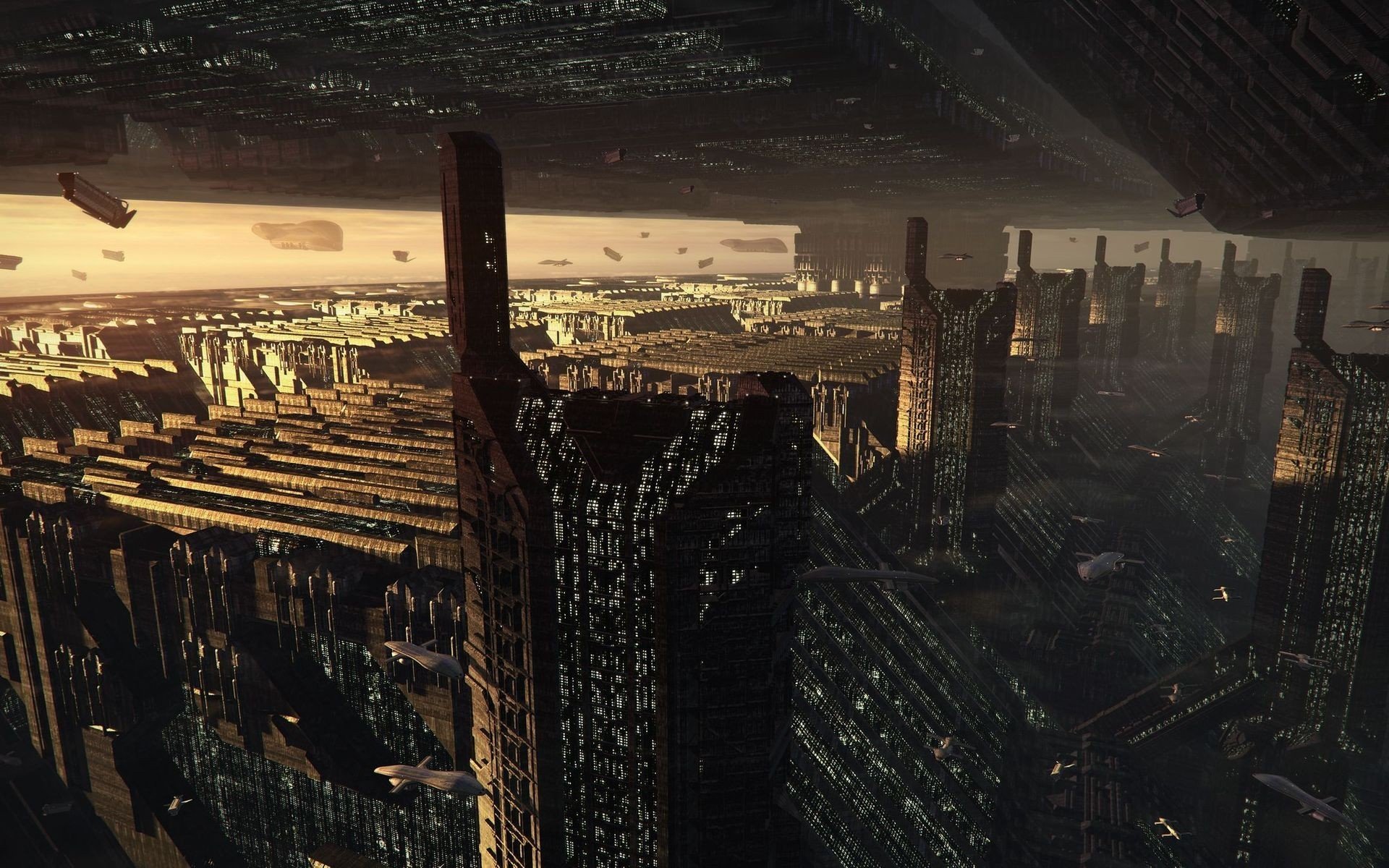 Futuristic city with flying vehicles HD Wallpaper
