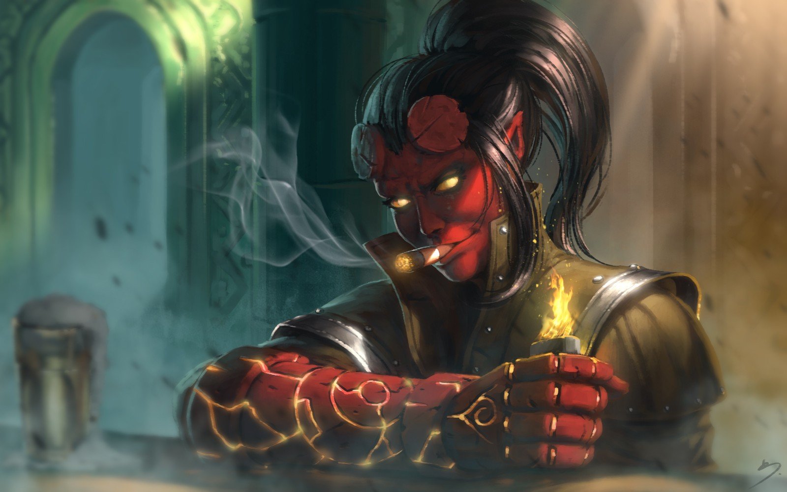 Hellgirl smoking a cigar with a lighter HD Wallpaper