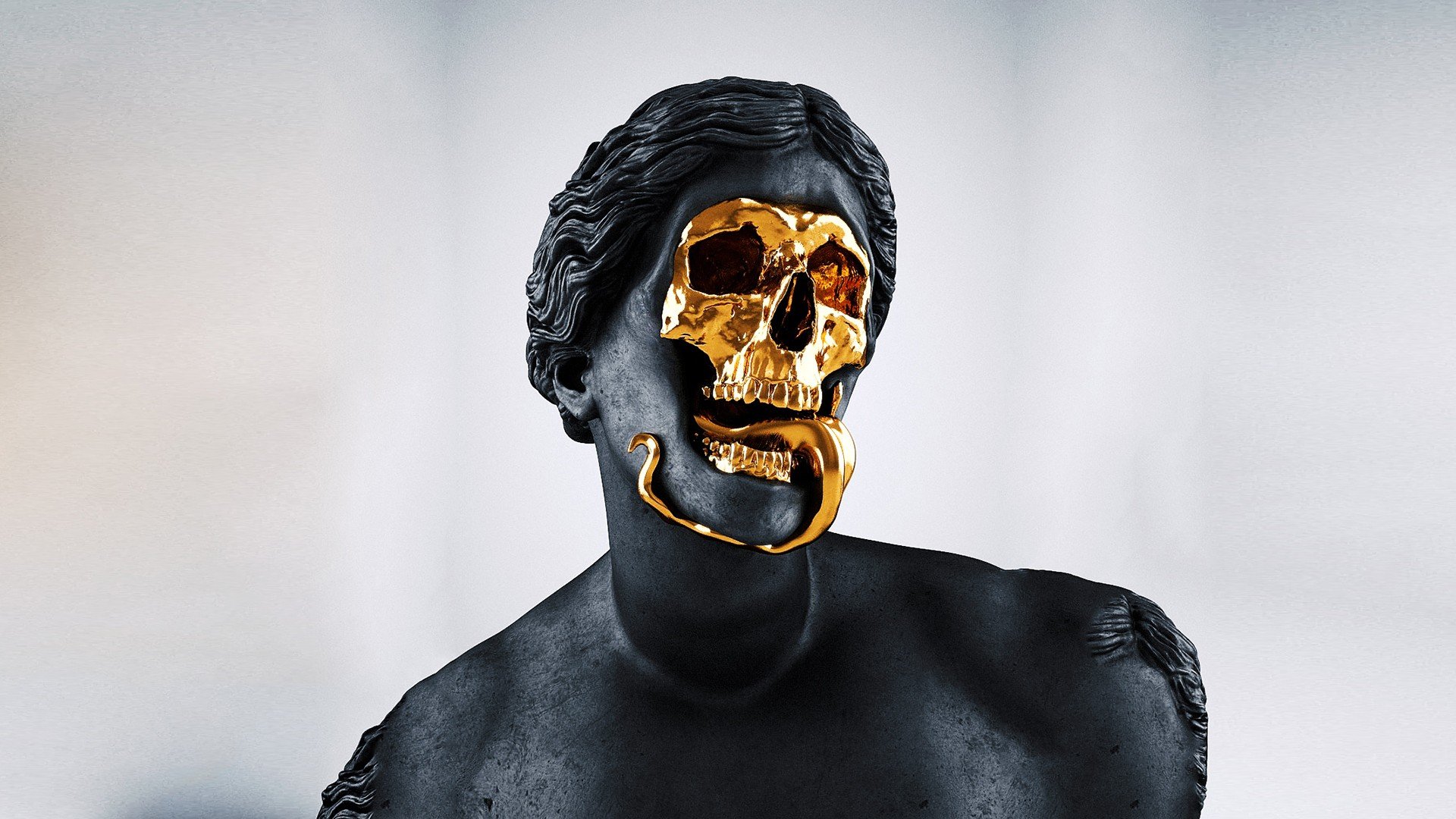 Black Sculpture of a Roman/Greek Figure with Gold Skull Face HD Wallpaper