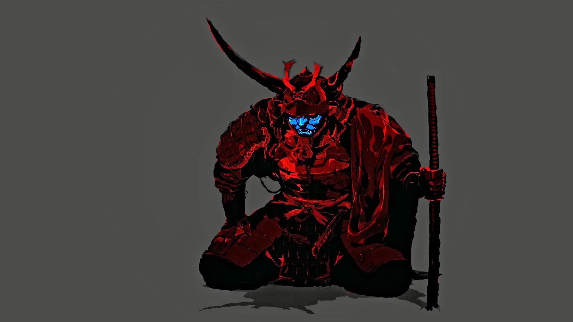 Samurai with red armor and blue mask HD Wallpaper