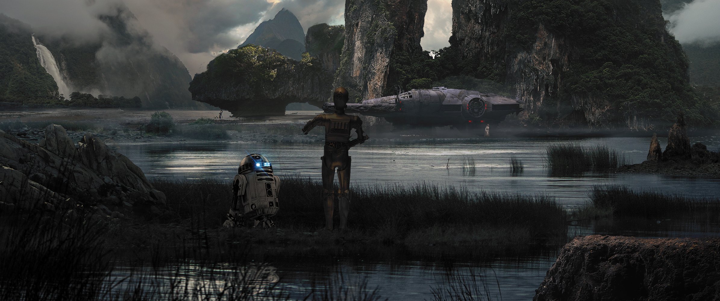R2-D2 and C-3PO from Star Wars with Millennium Falcon HD Wallpaper