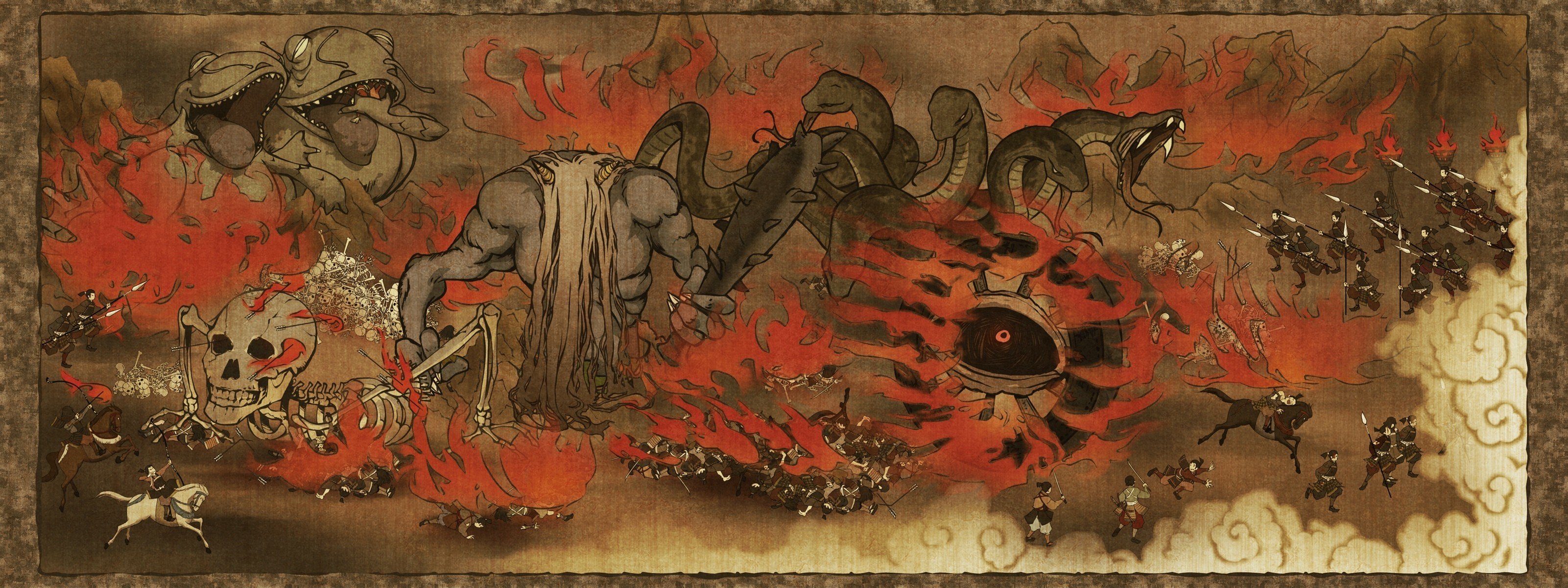 Japanese mythological battle with demons and soldiers HD Wallpaper