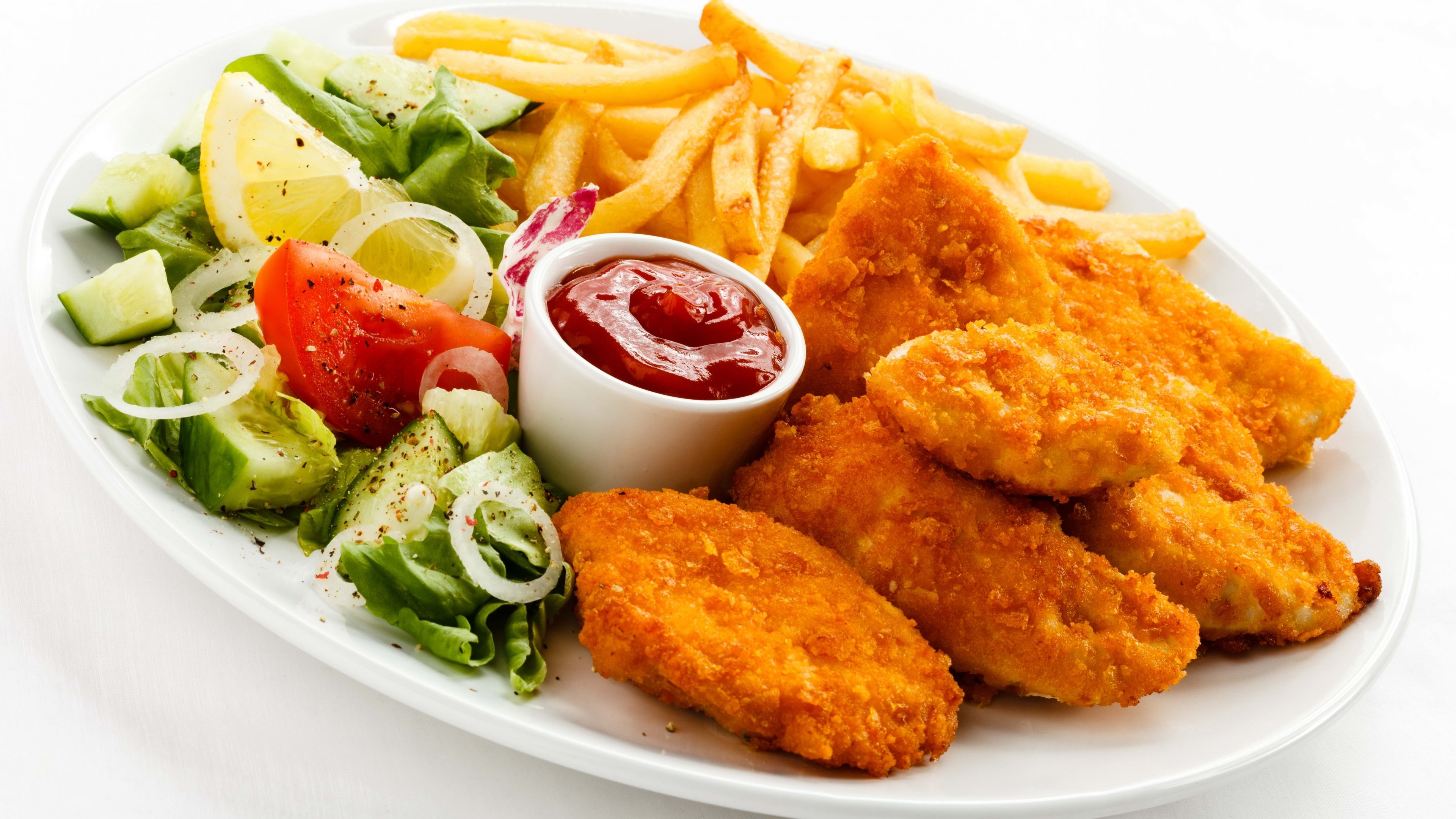 Fried chicken, french fries, and salad with ketchup HD Wallpaper