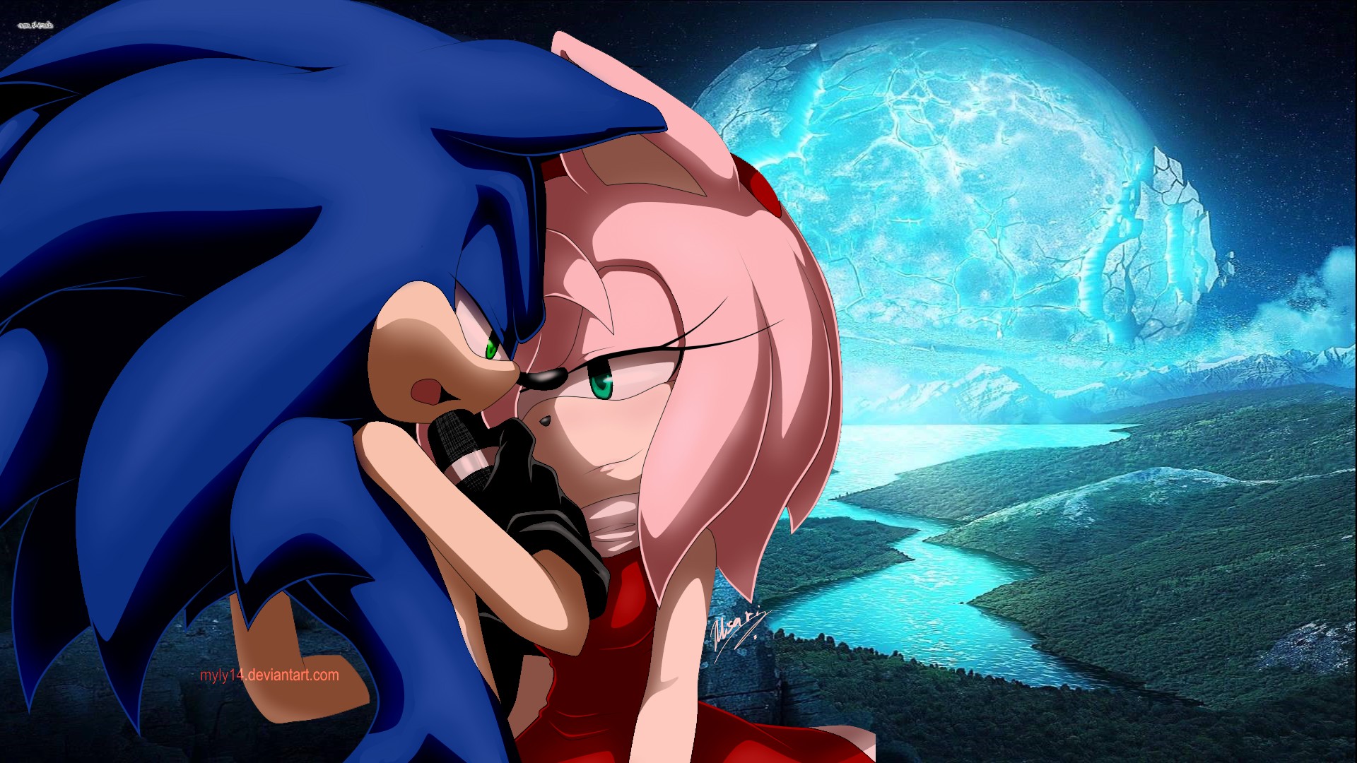 Sonic the Hedgehog and Amy Rose with a broken moon HD Wallpaper