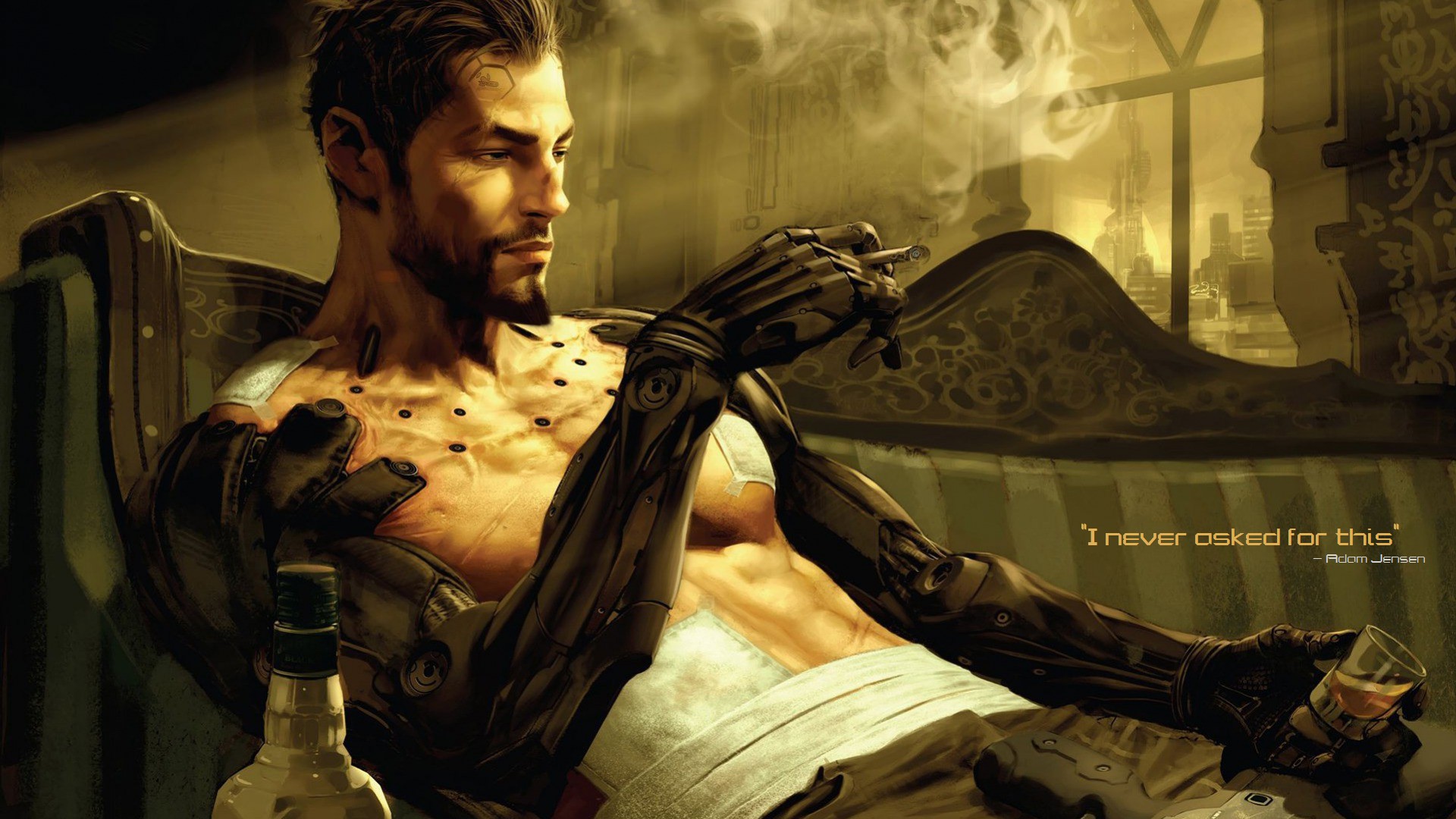 Adam Jensen from Deus Ex: Human Revolution smoking and drinking HD Wallpaper