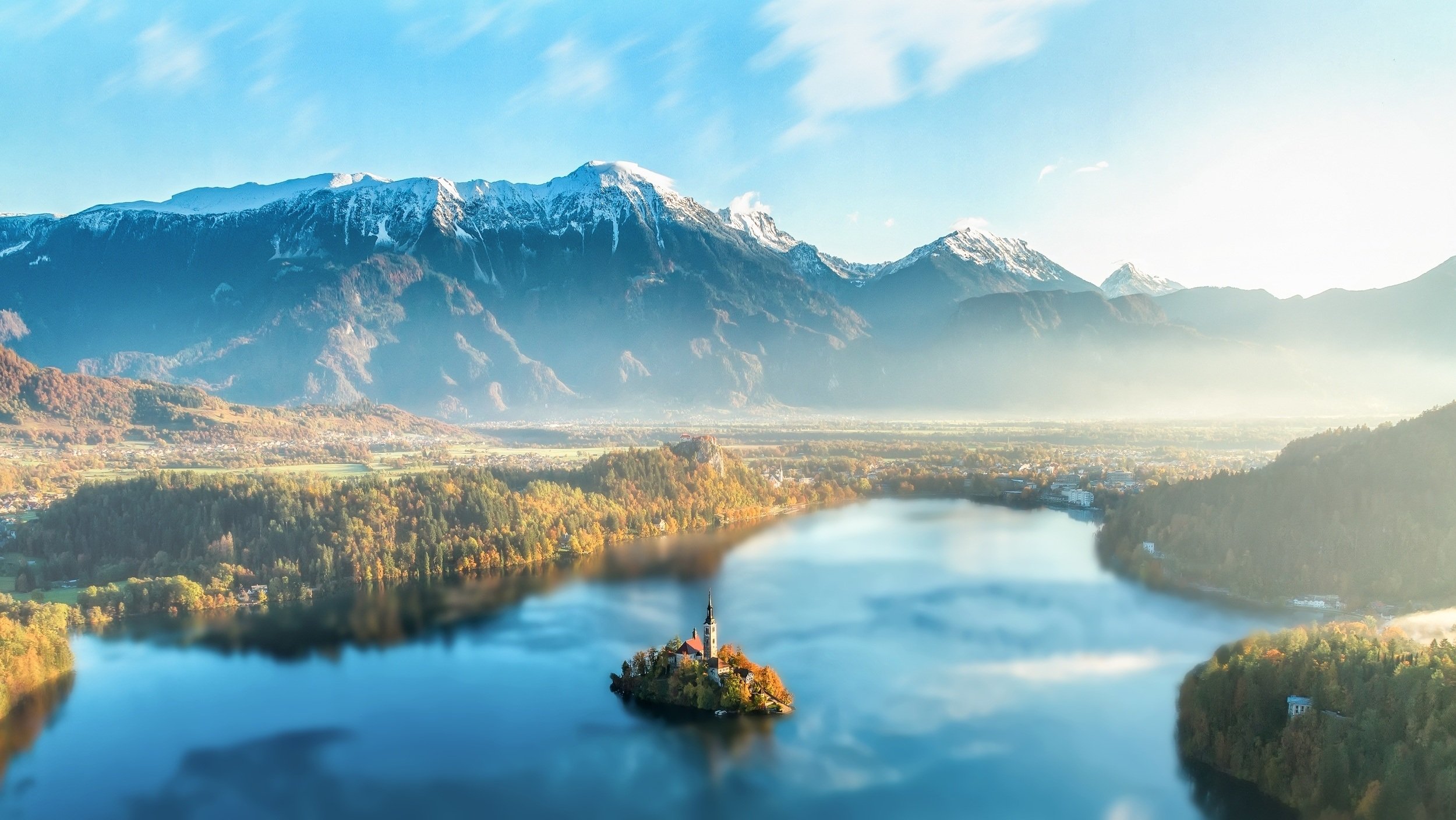 Lake Bled with Island Church and Mountains HD Wallpaper