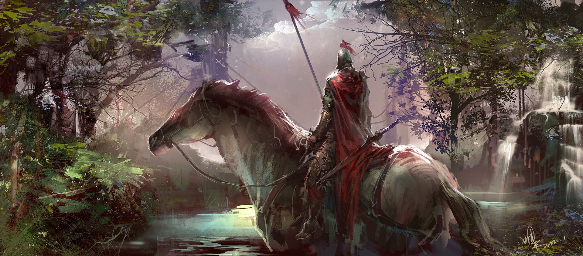 Knight on horseback in a fantasy forest with waterfall HD Wallpaper