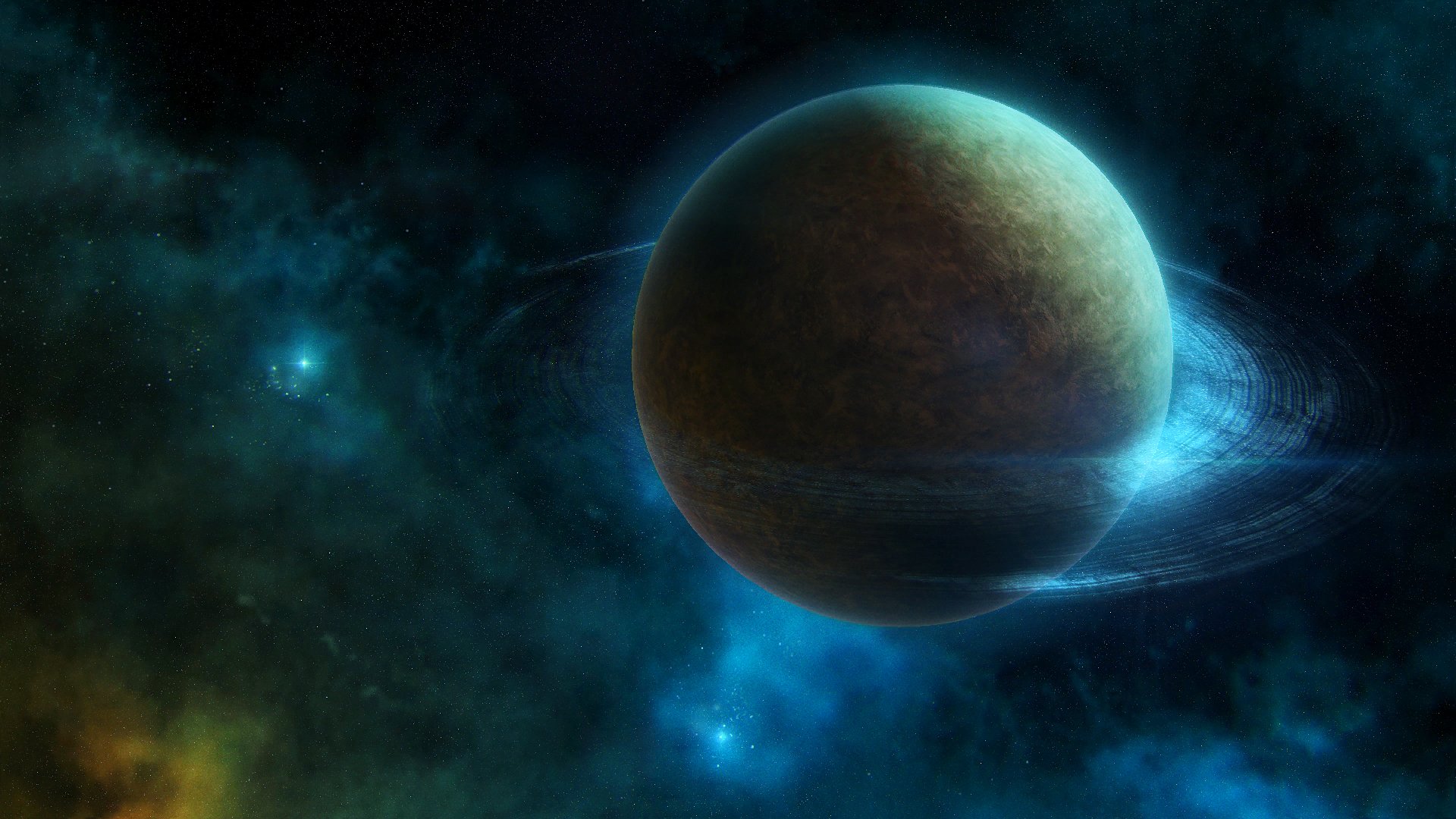 Planet with rings in a nebula HD Wallpaper