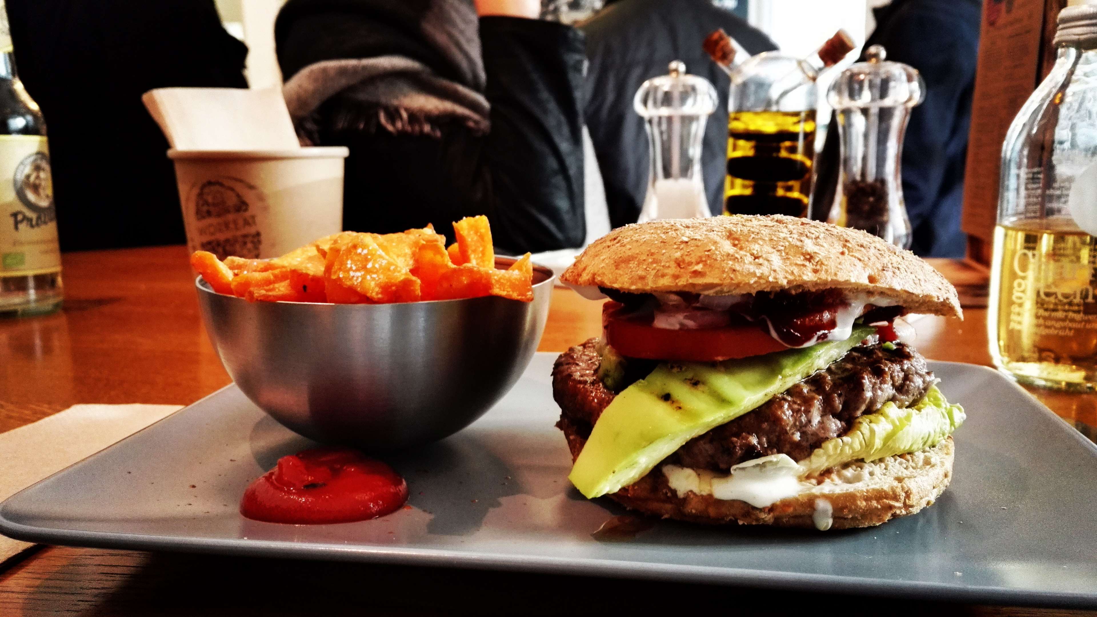 Burger and sweet potato fries with ketchup HD Wallpaper