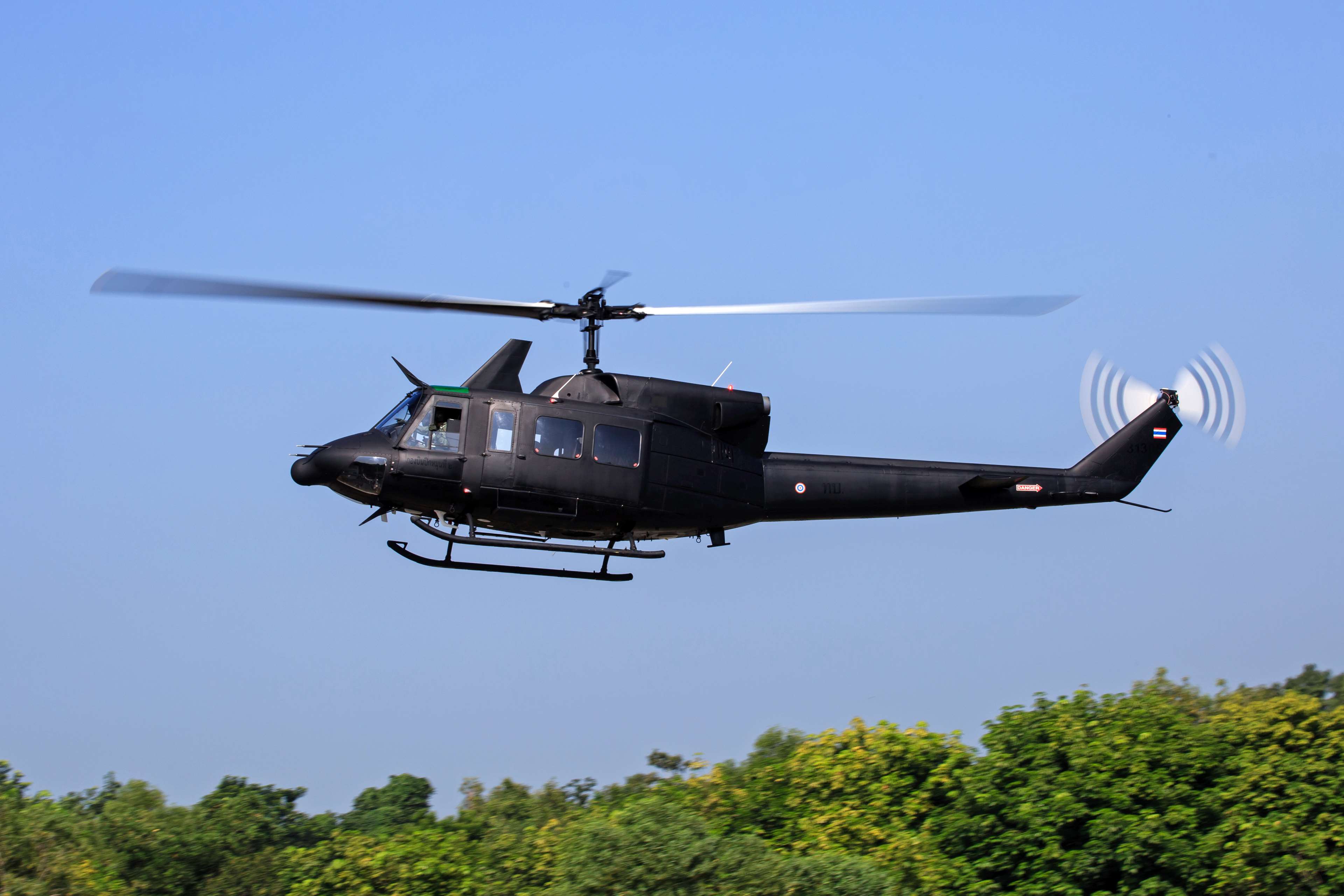 Black military helicopter in flight HD Wallpaper