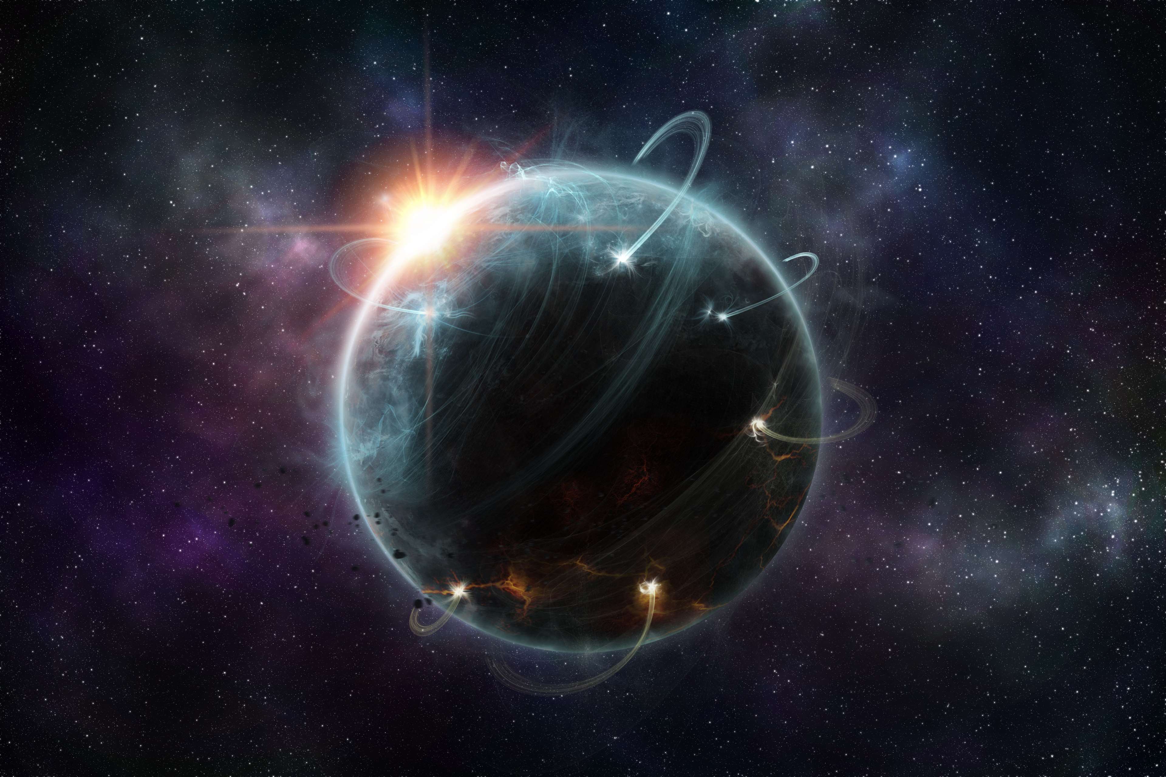Planet with rings and debris in space 4K HD Wallpaper