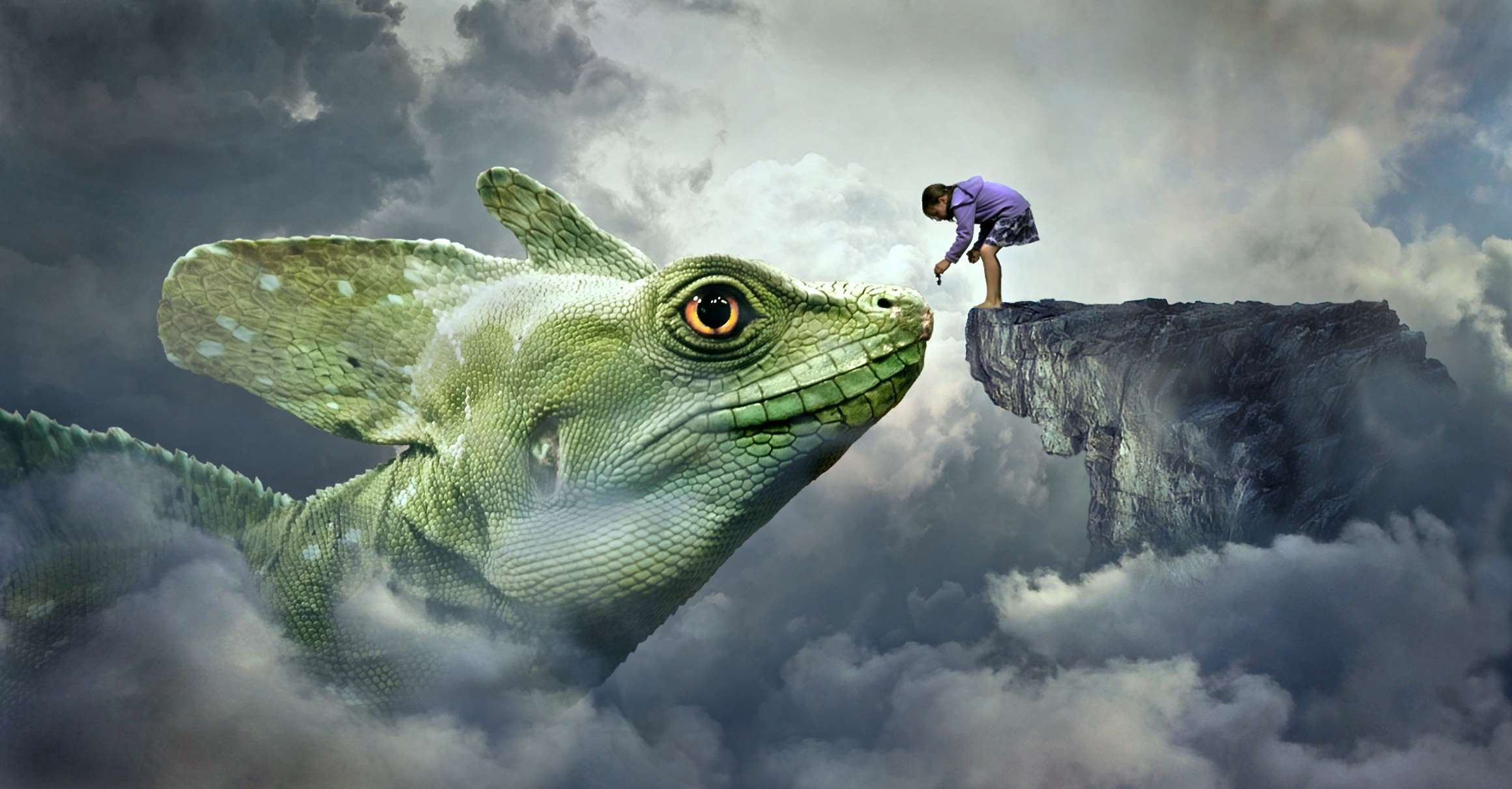 Girl feeding a large green lizard in the clouds HD Wallpaper