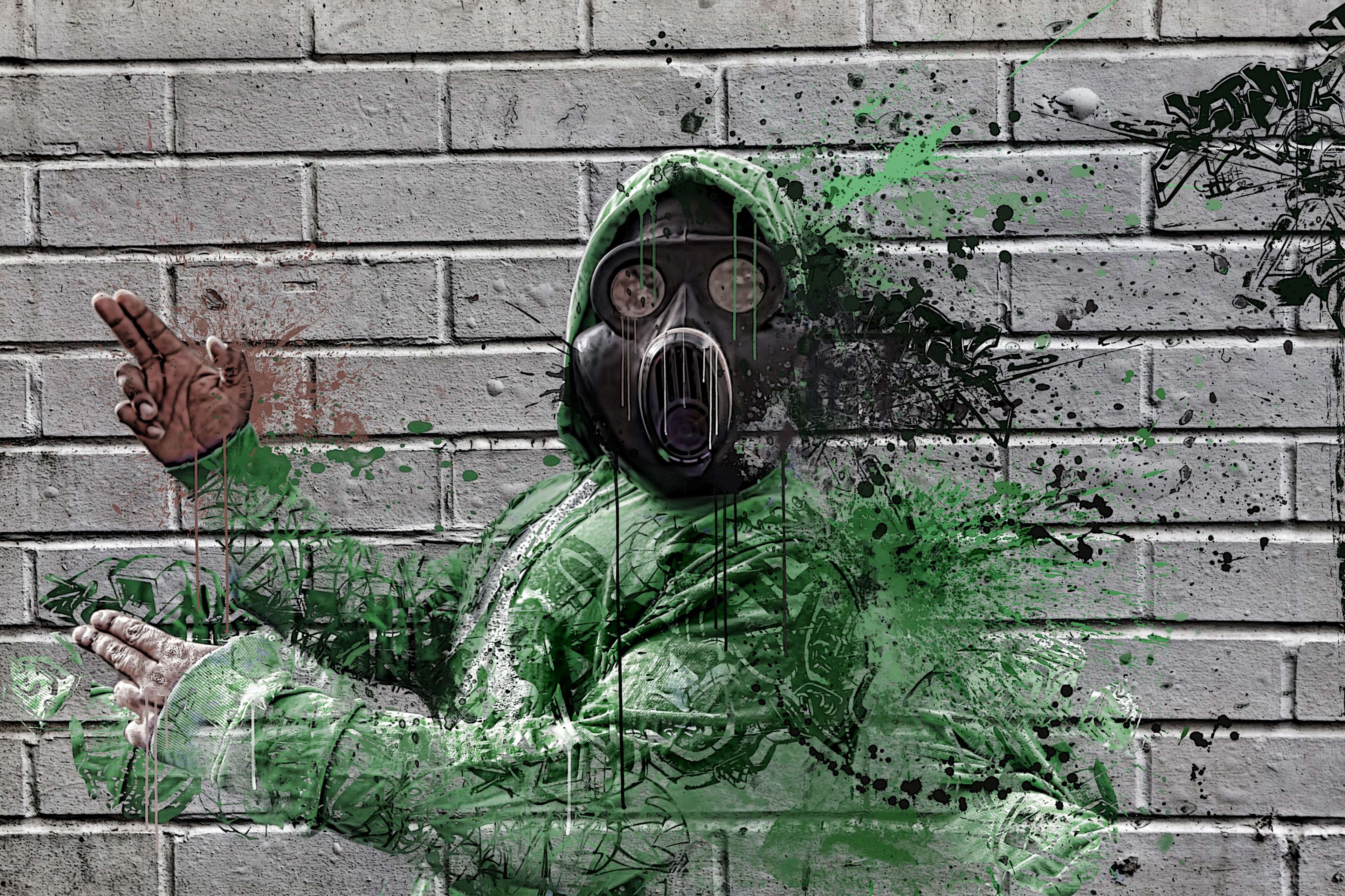 Person in Gas Mask with Green Splatter Graffiti HD Wallpaper