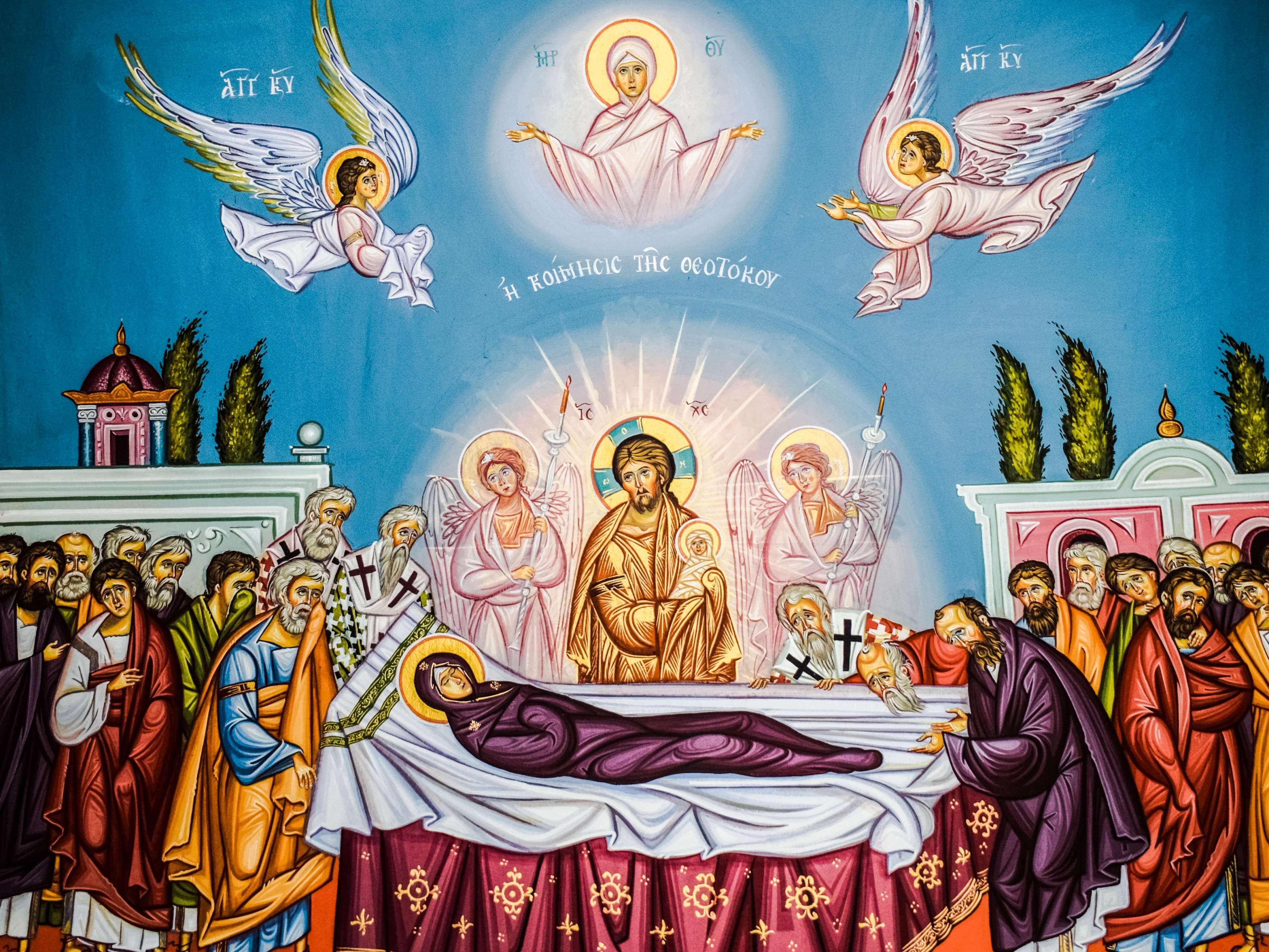 The Dormition of the Theotokos in Byzantine Style HD Wallpaper