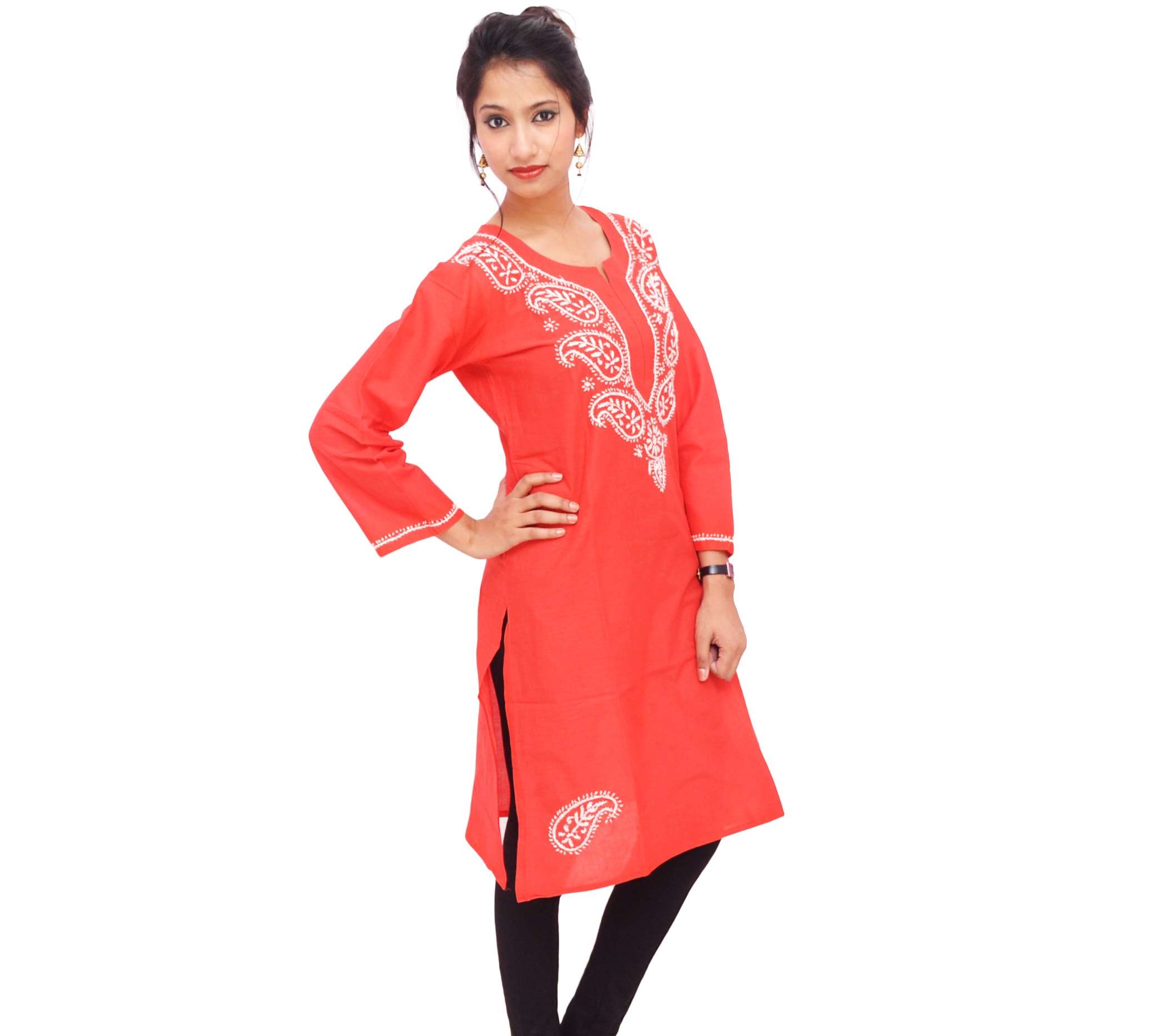 Woman in red embroidered kurta and black leggings HD Wallpaper