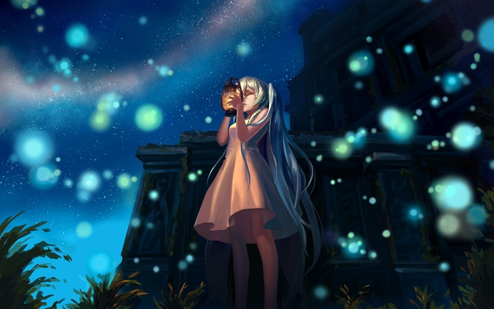 Anime girl with a lamp under the starry night sky HD Wallpaper