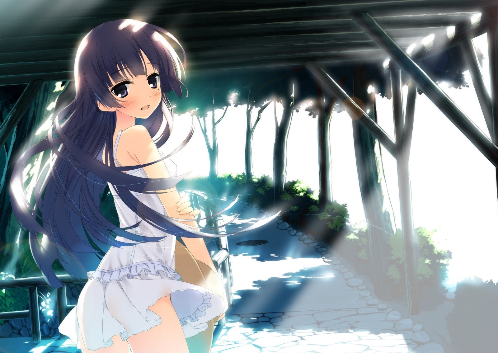 Anime girl in white dress in sunlit forest path HD Wallpaper