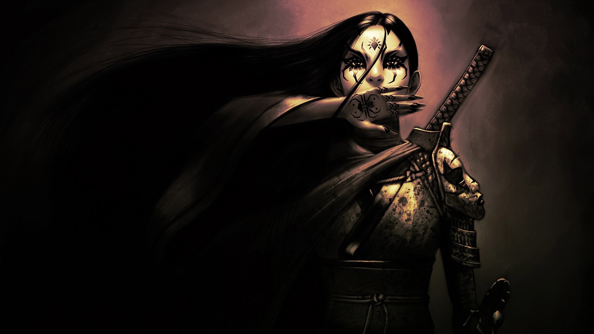 Samurai girl with sword and spider tattoos HD Wallpaper