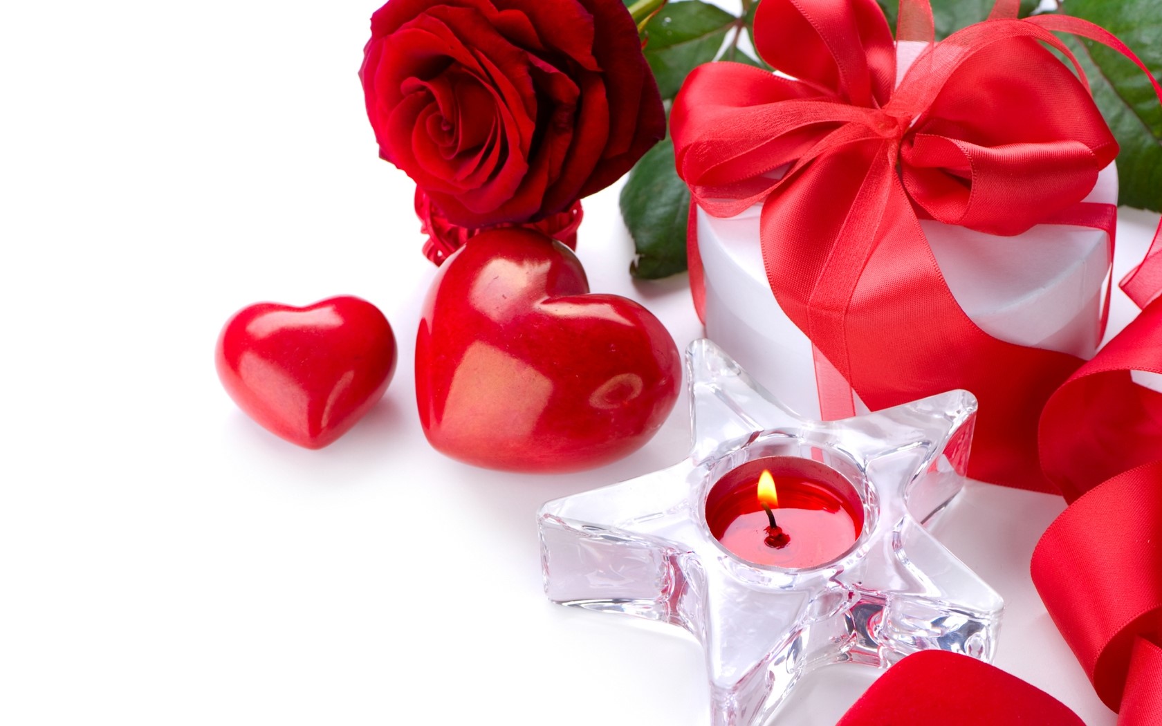 Red rose, gift, candle, and hearts on white background HD Wallpaper