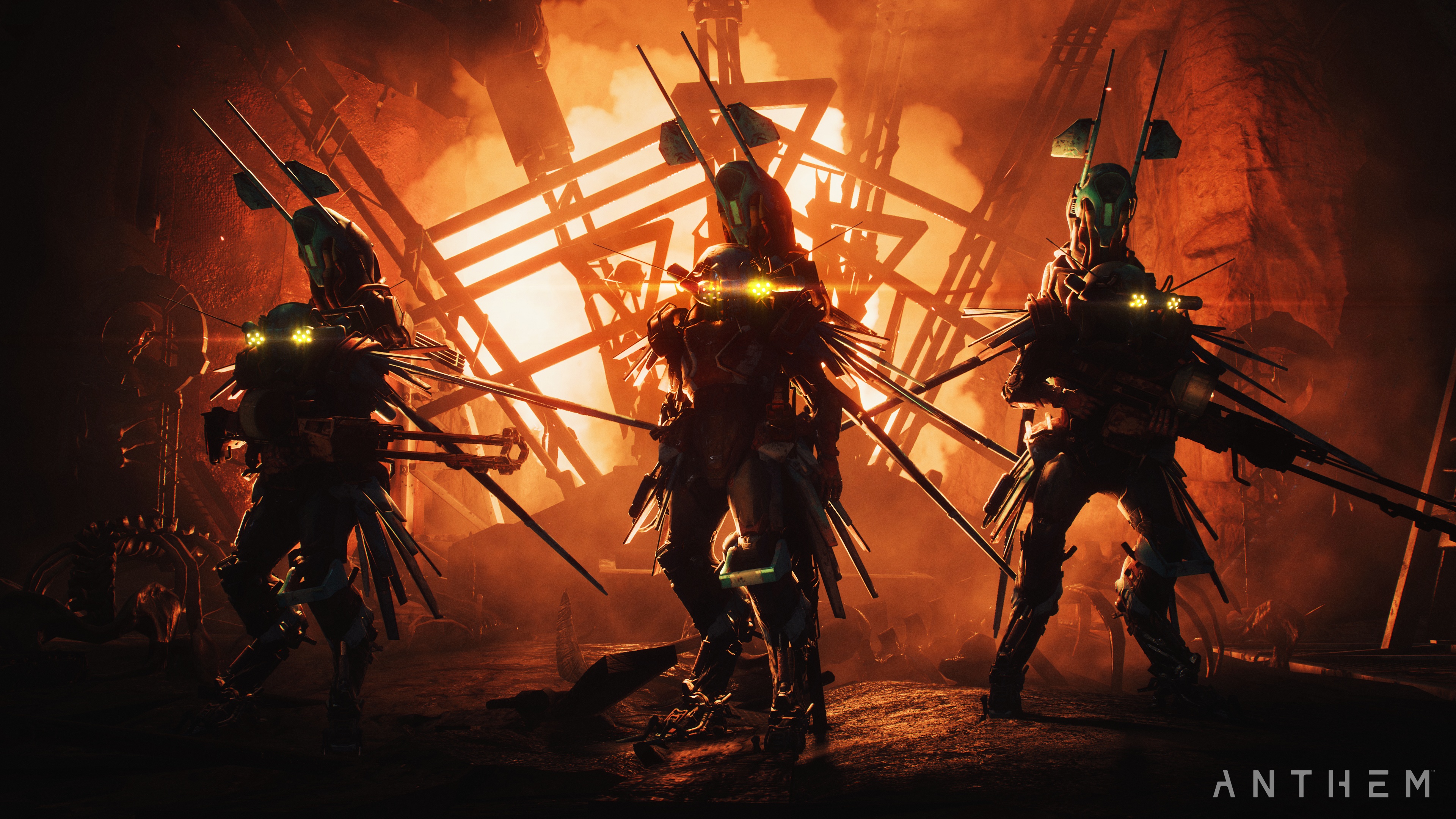 Three Javelins from Anthem in a fiery landscape HD Wallpaper