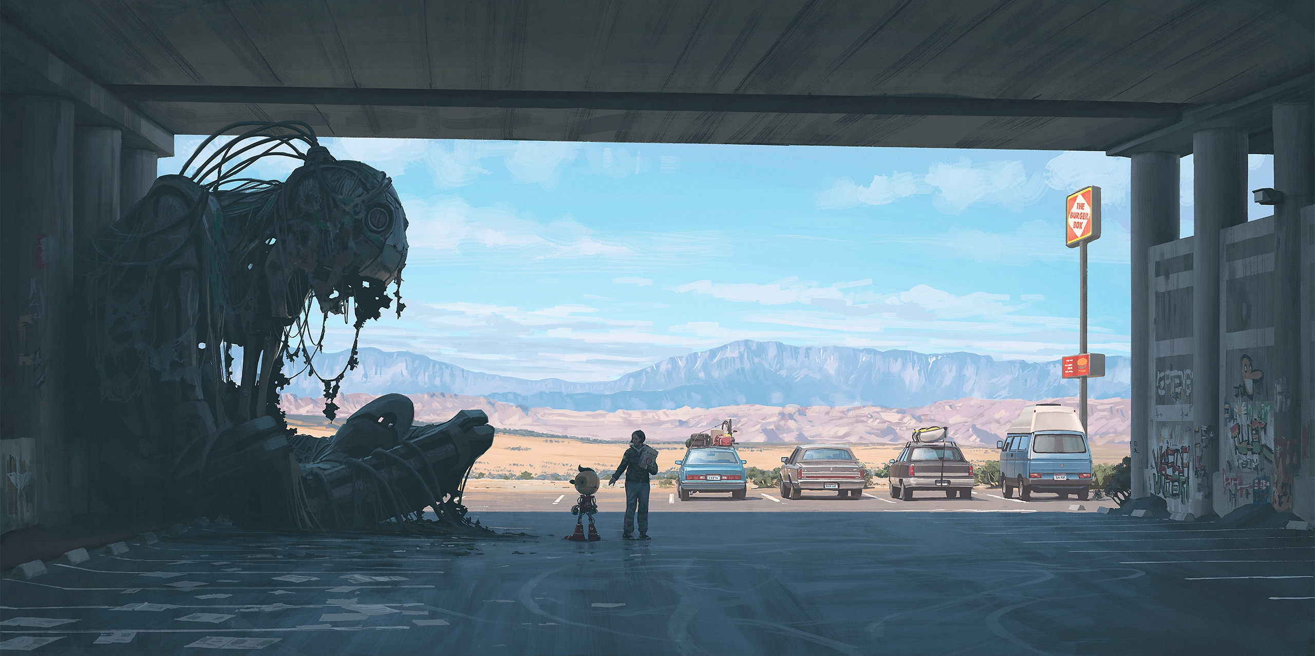 Futuristic Robot Under Overpass with Figures and Cars HD Wallpaper