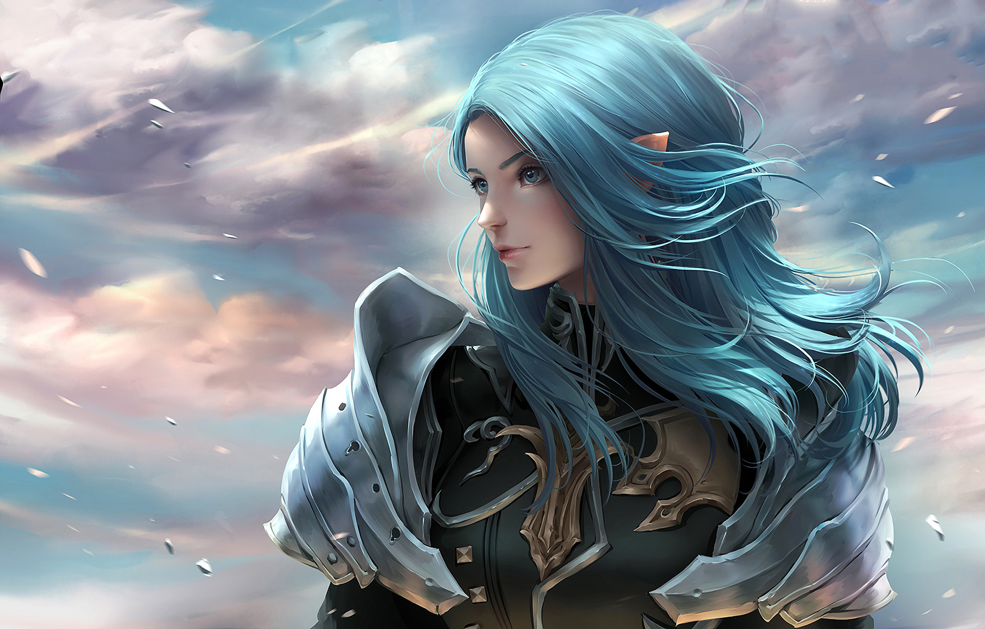 Anime elf warrior with blue hair and armor HD Wallpaper