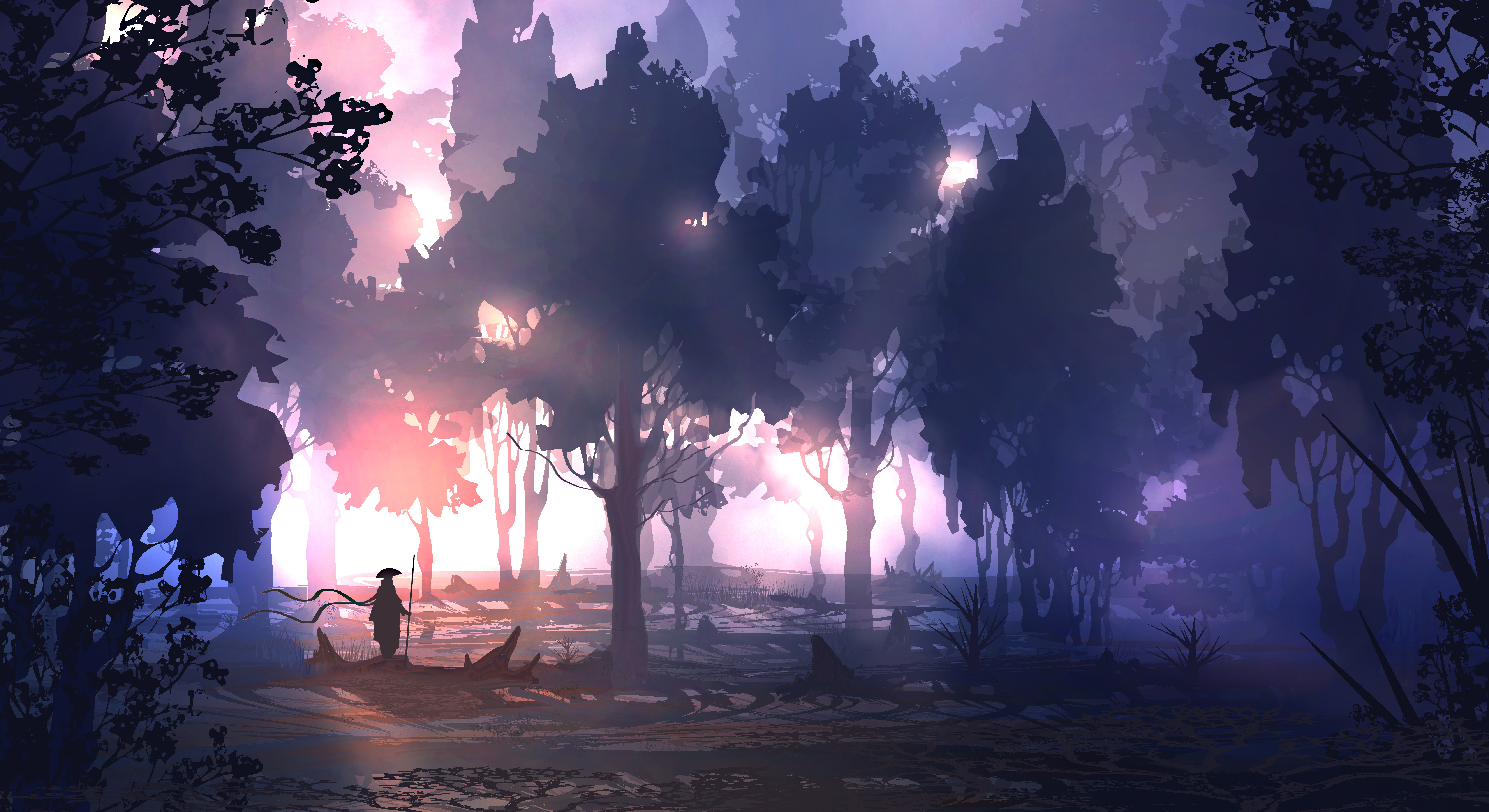 Digital art landscape with a lone figure in a forest HD Wallpaper