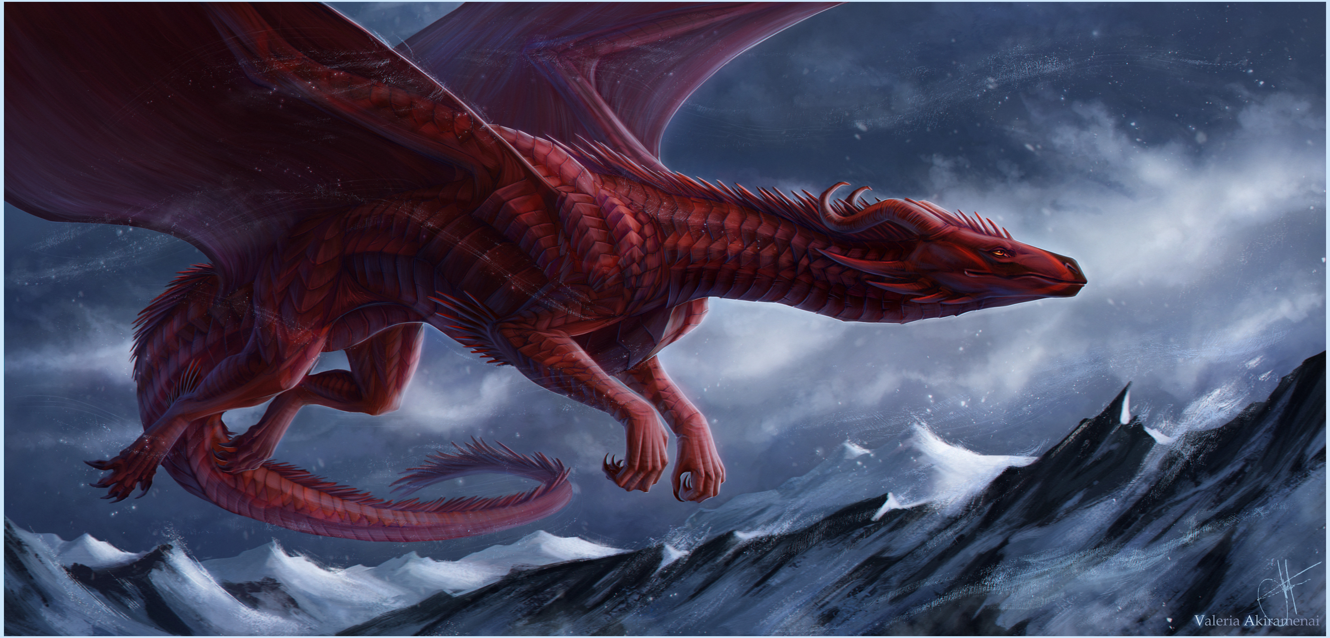 Red Dragon flying over snowy mountains HD Wallpaper