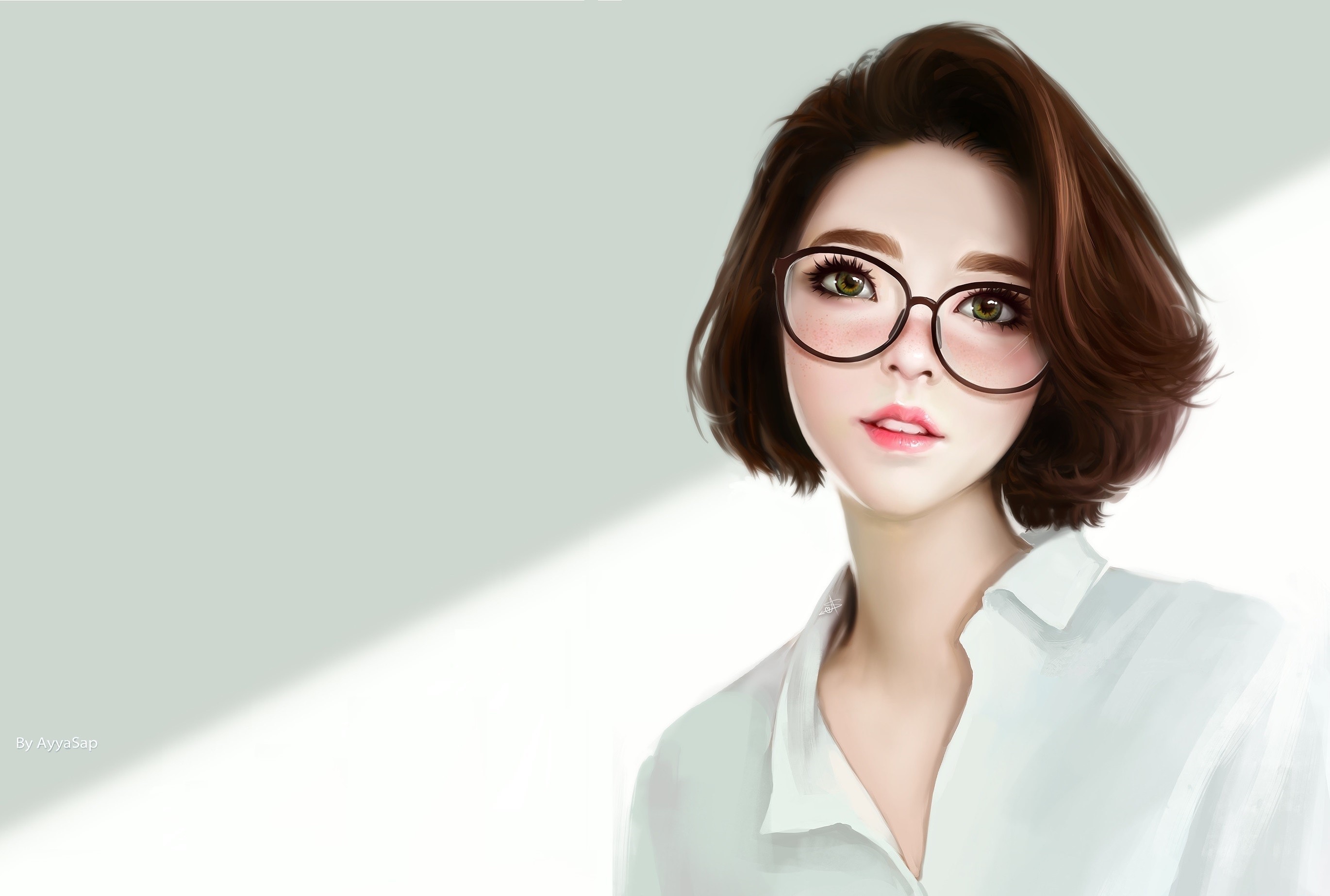 Digital art of a woman with short brown hair and glasses HD Wallpaper